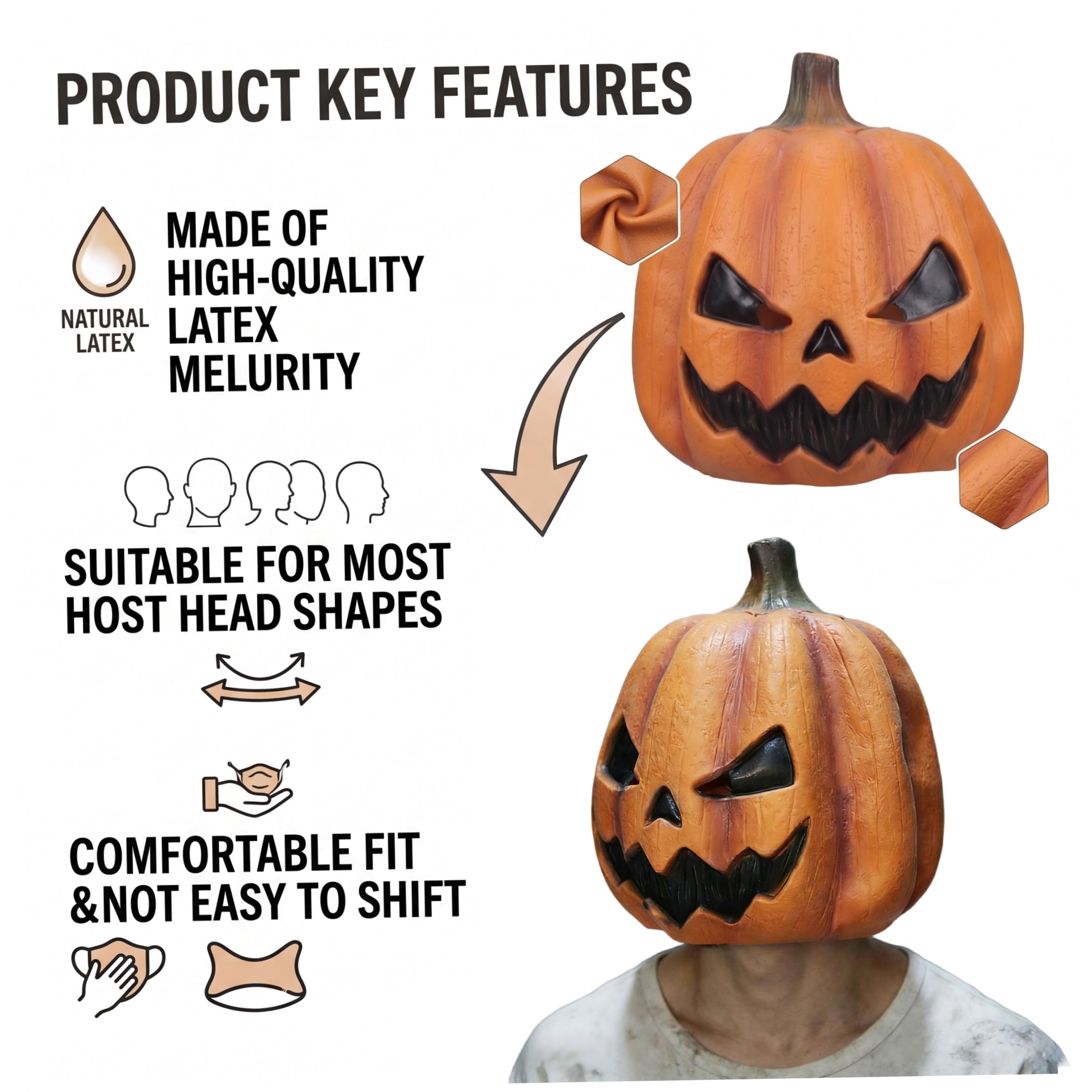 Maschera per la testa di zucca, divertenti maschere di Halloween in lattice paffuto a forma di zucca paffuta in lattice delicato sulla pelle adatta alla maggior parte delle teste decorazioni pe