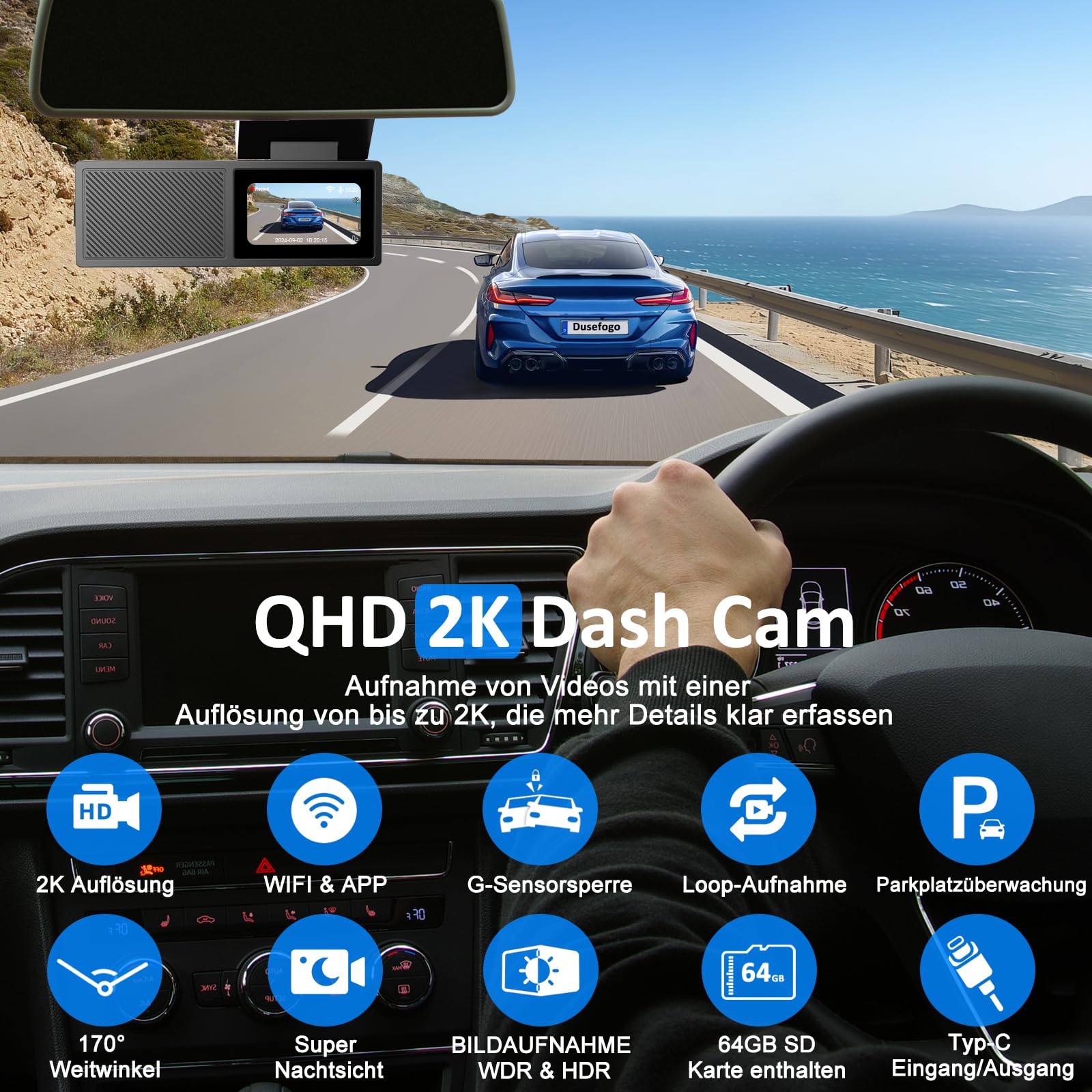 Dash Cam Car Front 2K with WiFi Dashcam Auto with 64GB Card,Super Night Vision,WDR, 170° Wide Angle,G-Sensor, Loop Recording,App Control,IPS Screen,24 Hours Parking Mode and Motion Detection