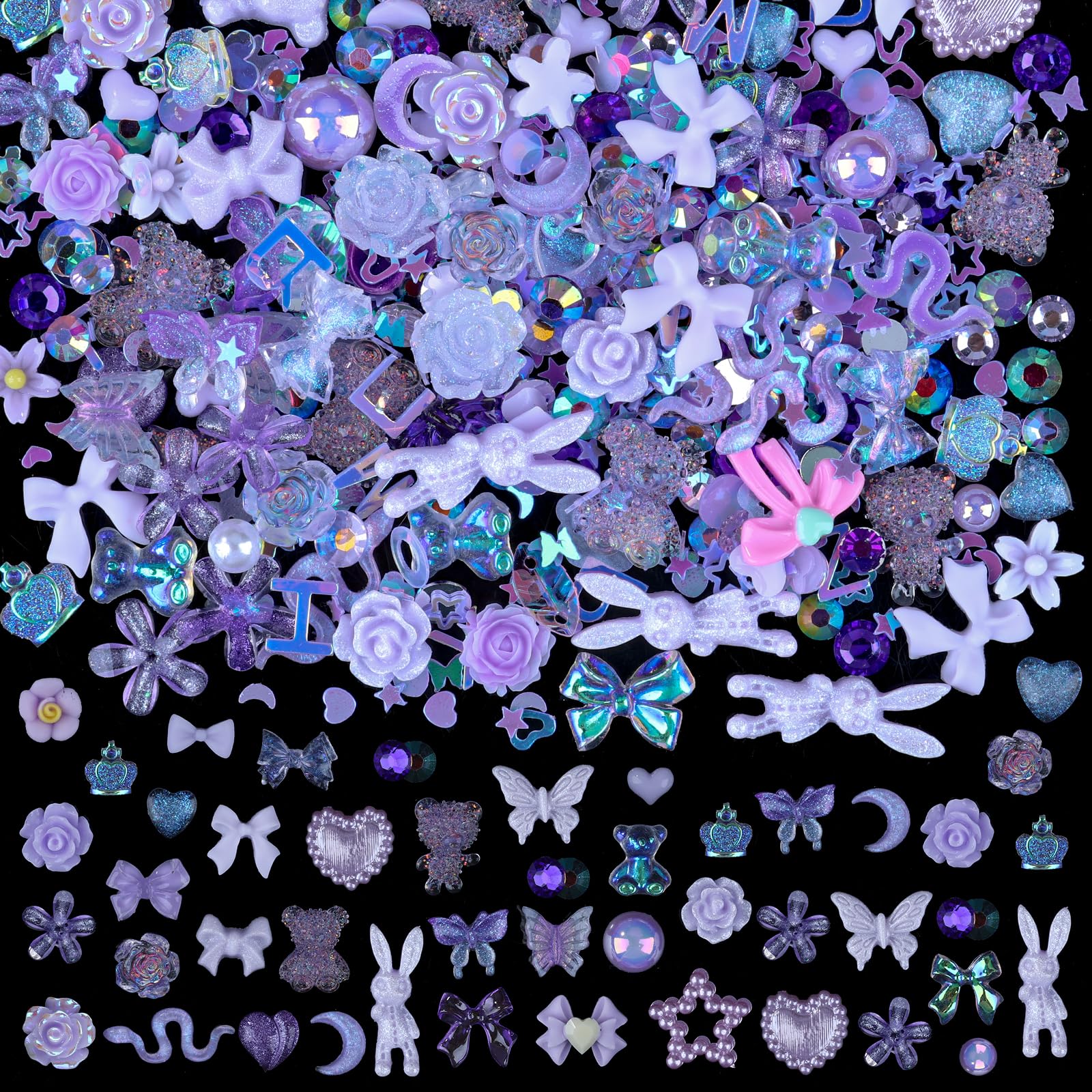 100 Pieces 3D Resin Butterfly Bear Nail Charms Rose Flower Peach Skirt Bow Deer Snake Rabbit Animal Shaped Nail Art Rhinestones Pearls for DIY Nail Art Decoration Making Craft (Purple)