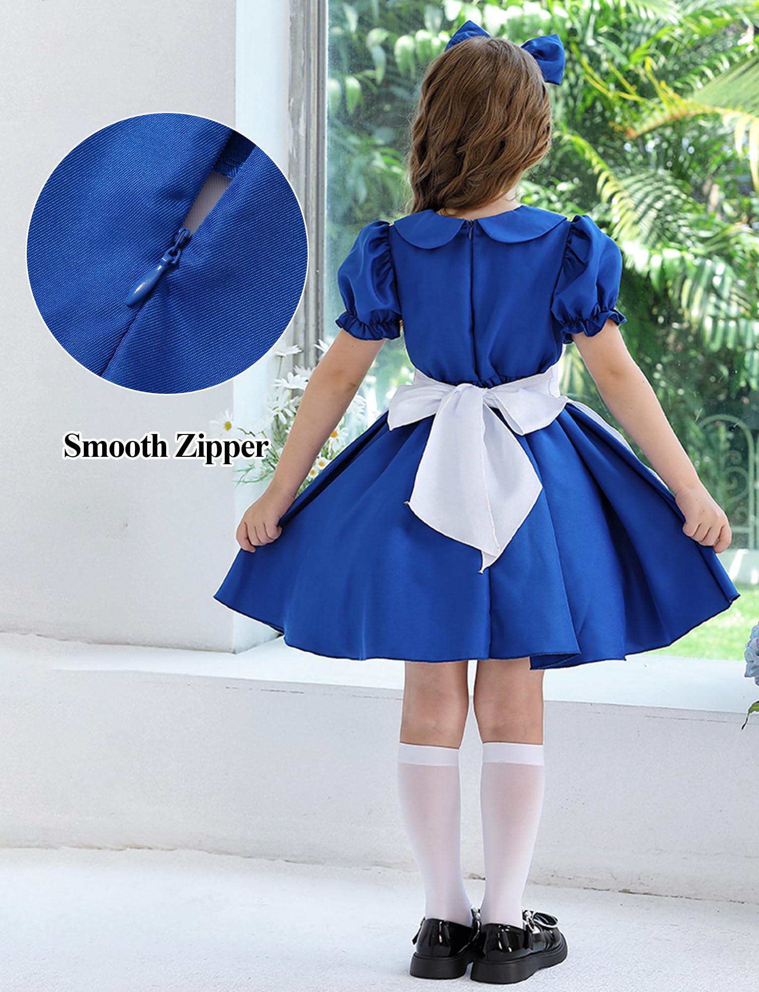 Girls Halloween Cosplay Anime Party Uniform with Apron Headwear Kids Princess Dress Apparel Set Dark Blue 4-5 Years - Image 2
