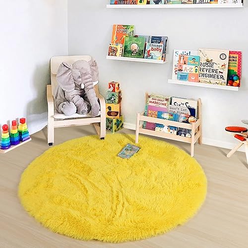 Miniatura 8 de PAGISOFE - Alfombras redondas de 5 pies, alfombras esponjosas amarillas para dormitorio de niñas, alfombra linda para habitación de niñas, alfombra