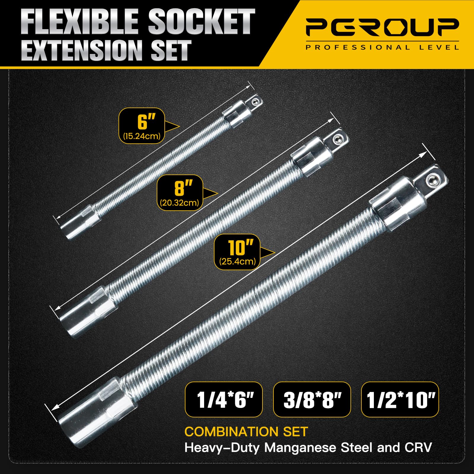 Jeu 3 pièces rallonges cliquet flexibles – Entraînement 1/2", 3/8", 1/4" – Longueurs 10" (254 mm), 8" (203,2 mm), 6" (152,4 mm) – Sécurité bille ressort anti-déverrouillage