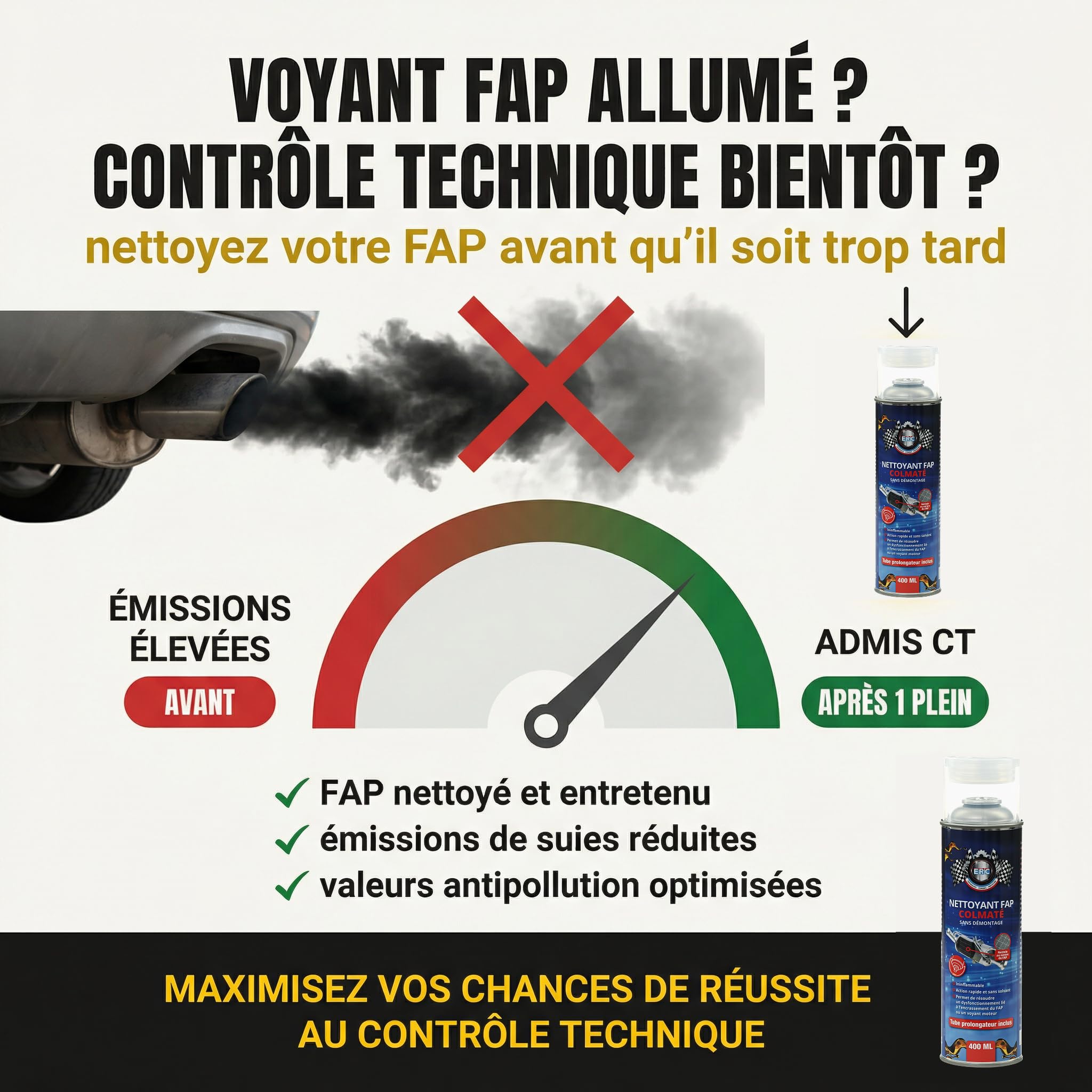 ERC | Nettoyant FAP Colmaté Aérosol Diesel | Dissout Suies, Cendres, Dépôts de Carbone sans Démontage | Technologie Haute Pression avec Tube Prolongateur | Professionnel, Contrôle Technique | 400 ml