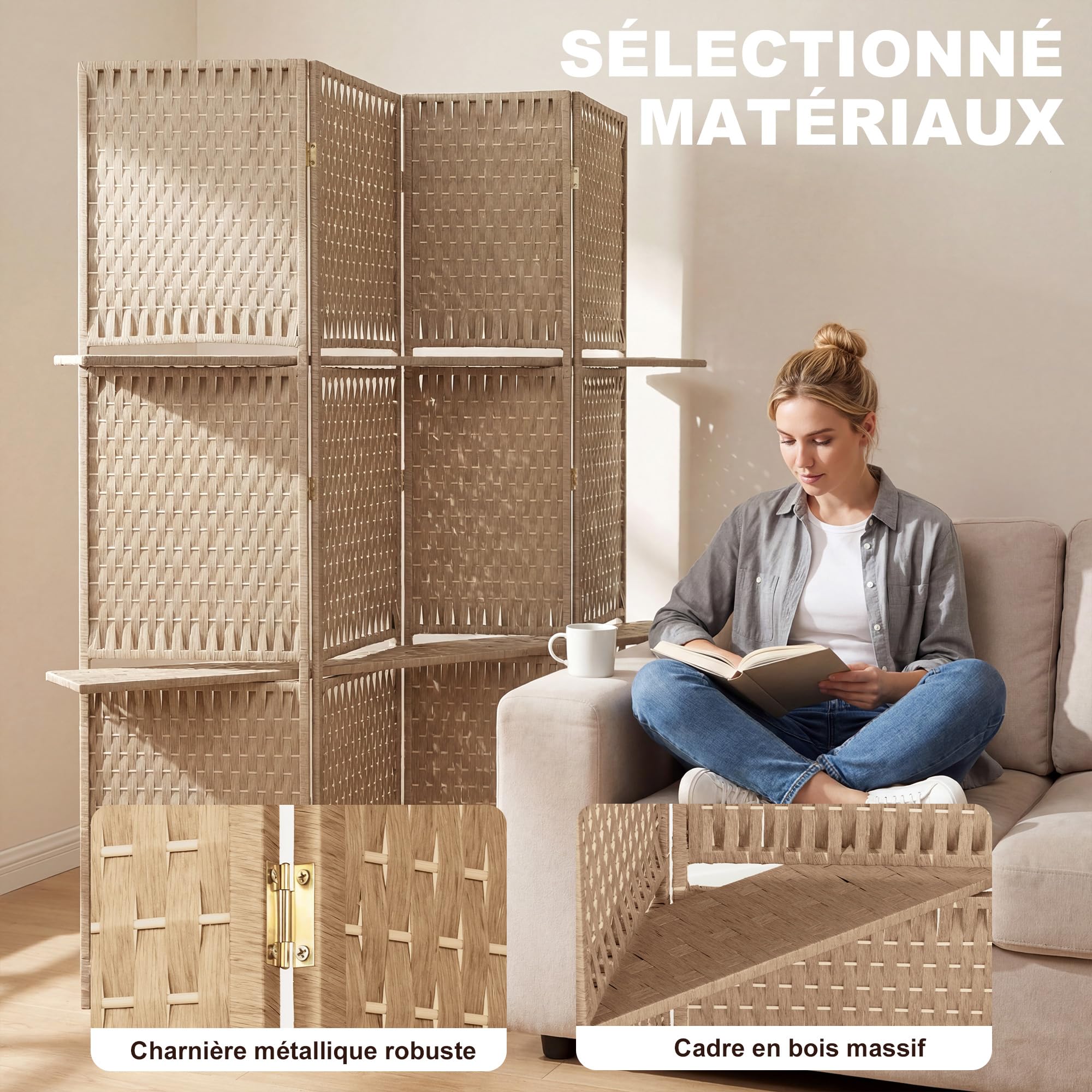 HOMCOM Paravent Intérieur 4 Panneaux 2 Étagères Pliables 181x180cm Naturel | Séparateur de Pièce, Bois de Pin, Bambou, Fibres de Papier Tressée
