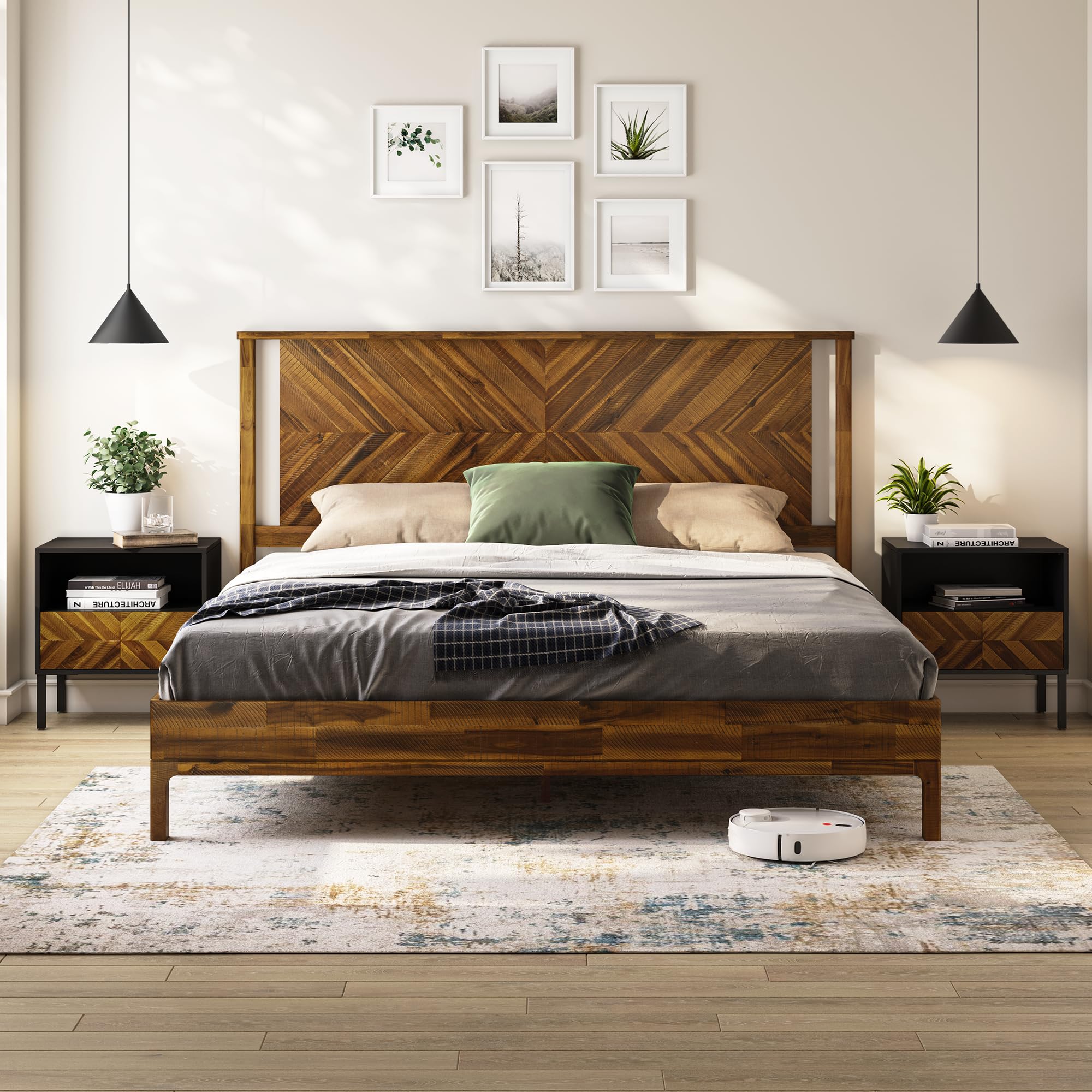 Bme Vivian 14 Inch King Size Bed Frame with Headboard Rustic Scandinavian Style with Solid Acacia Wood No