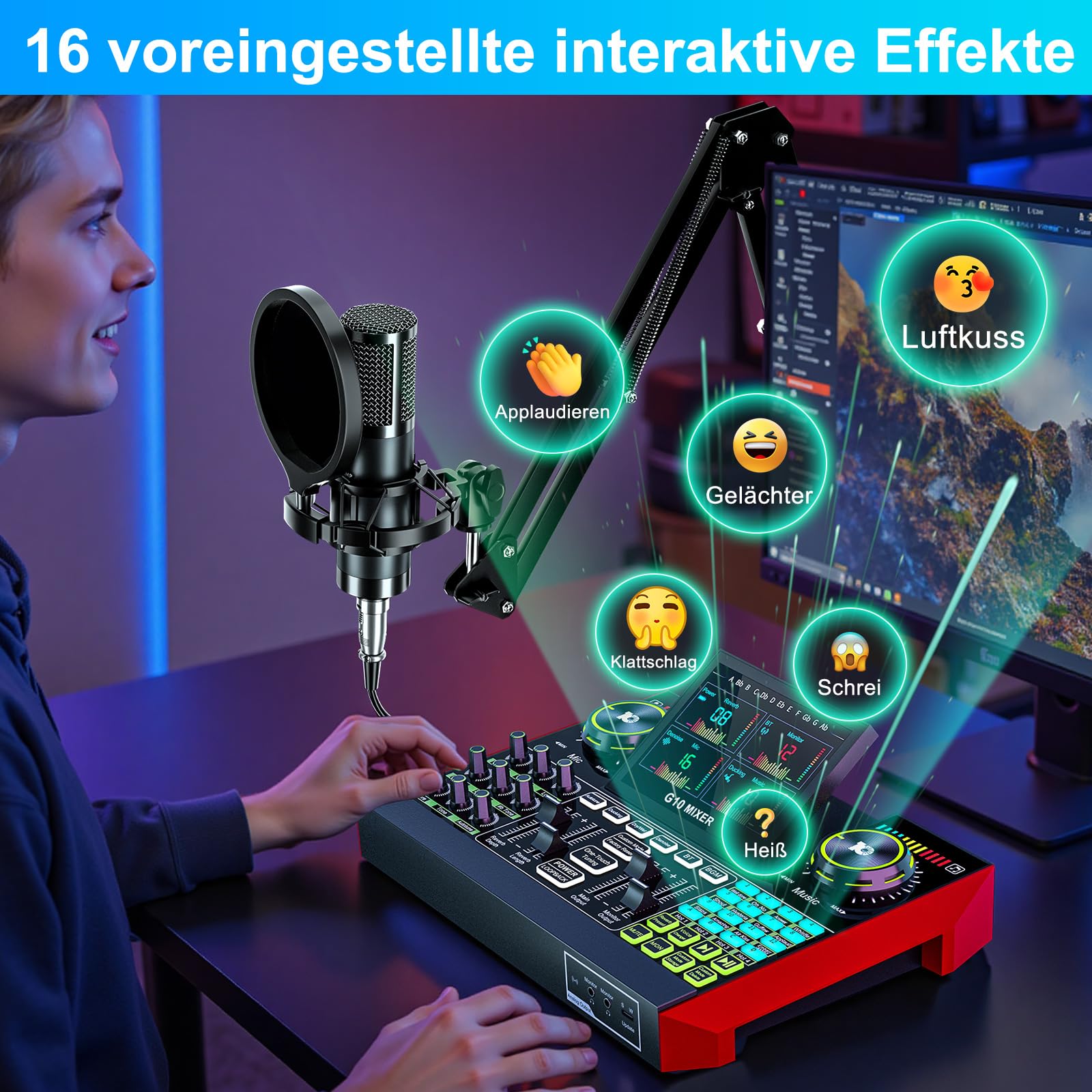 TENLAMP G10 Podcast-Equipment, Audio-Interface mit Soundeffekten, 3,5mm Kondensatormikrofon, Mikrofonarm, Latenzfreies Hardware-Autotune, Echtzeit-Monitoring, Rauschunterdrückung, für PC, Handy