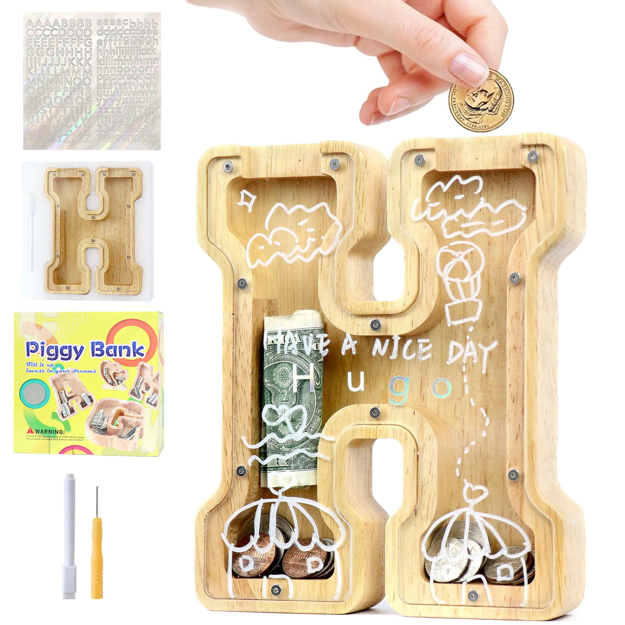 Mikytoper Money Box for Kids Wooden Letter Piggy Banks for Kids Personalized Money Box Clear Money Bank
