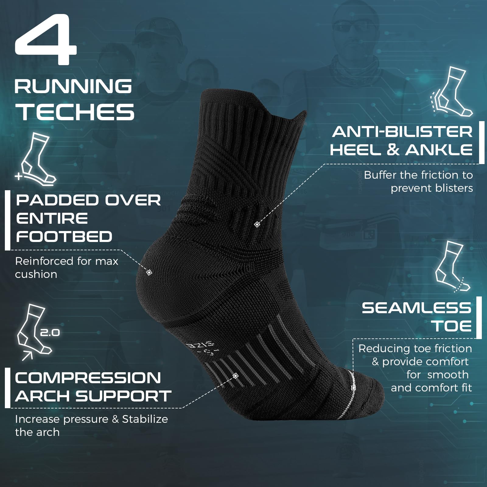 Rahhint Coolmax - Confezione da 3 paia di calzini da corsa a compressione per uomo e donna, traspiranti e anti-vesciche, con design a linguetta e supporto per arco plantare