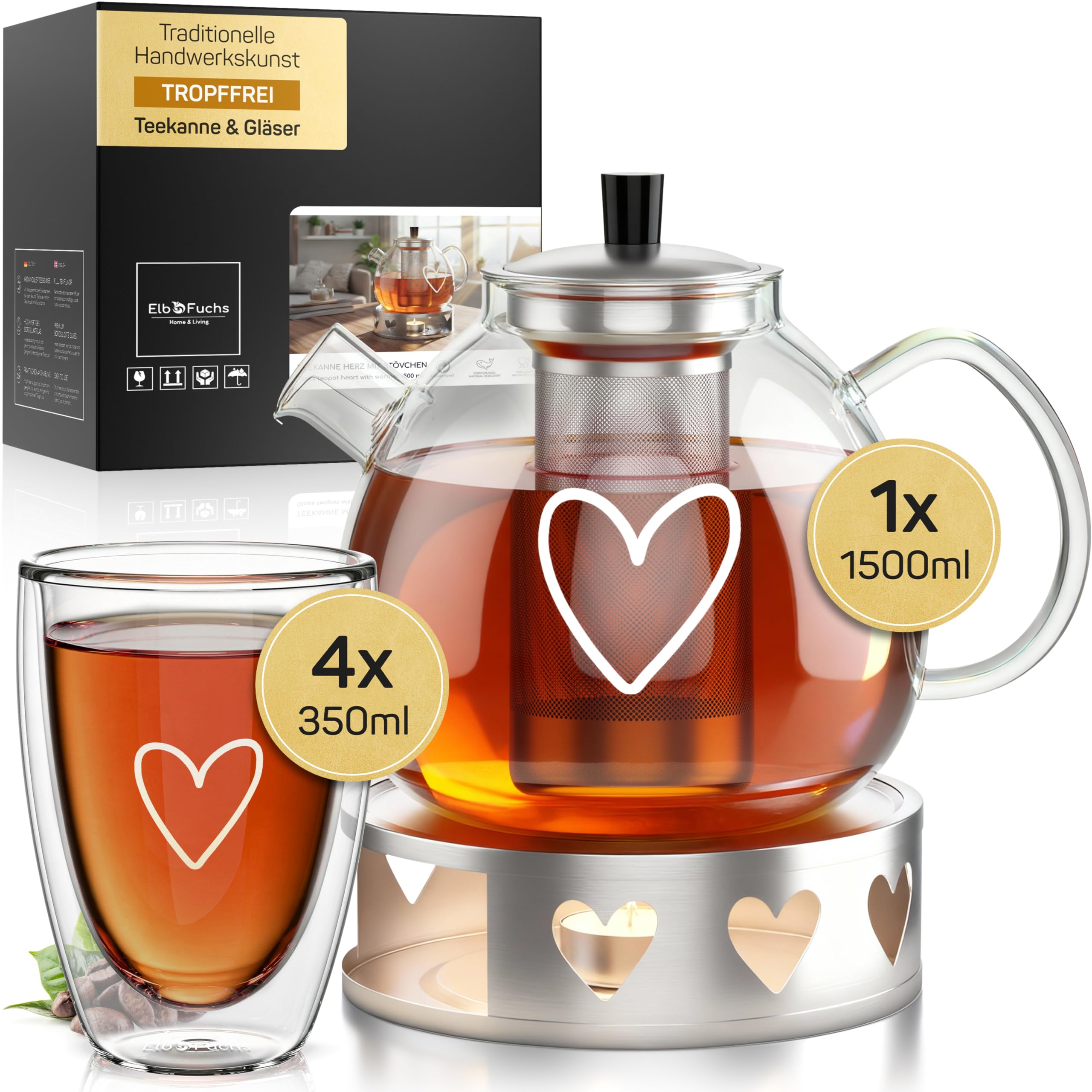 ElbFuchs® Doppelwandige Teegläser 4x 350ml & Teekanne 1,5 Liter mit Stövchen PARIS | GESCHENKIDEE mit HERZ | Kristallklare Thermogläser doppelwandig | Ideal als Teeservice