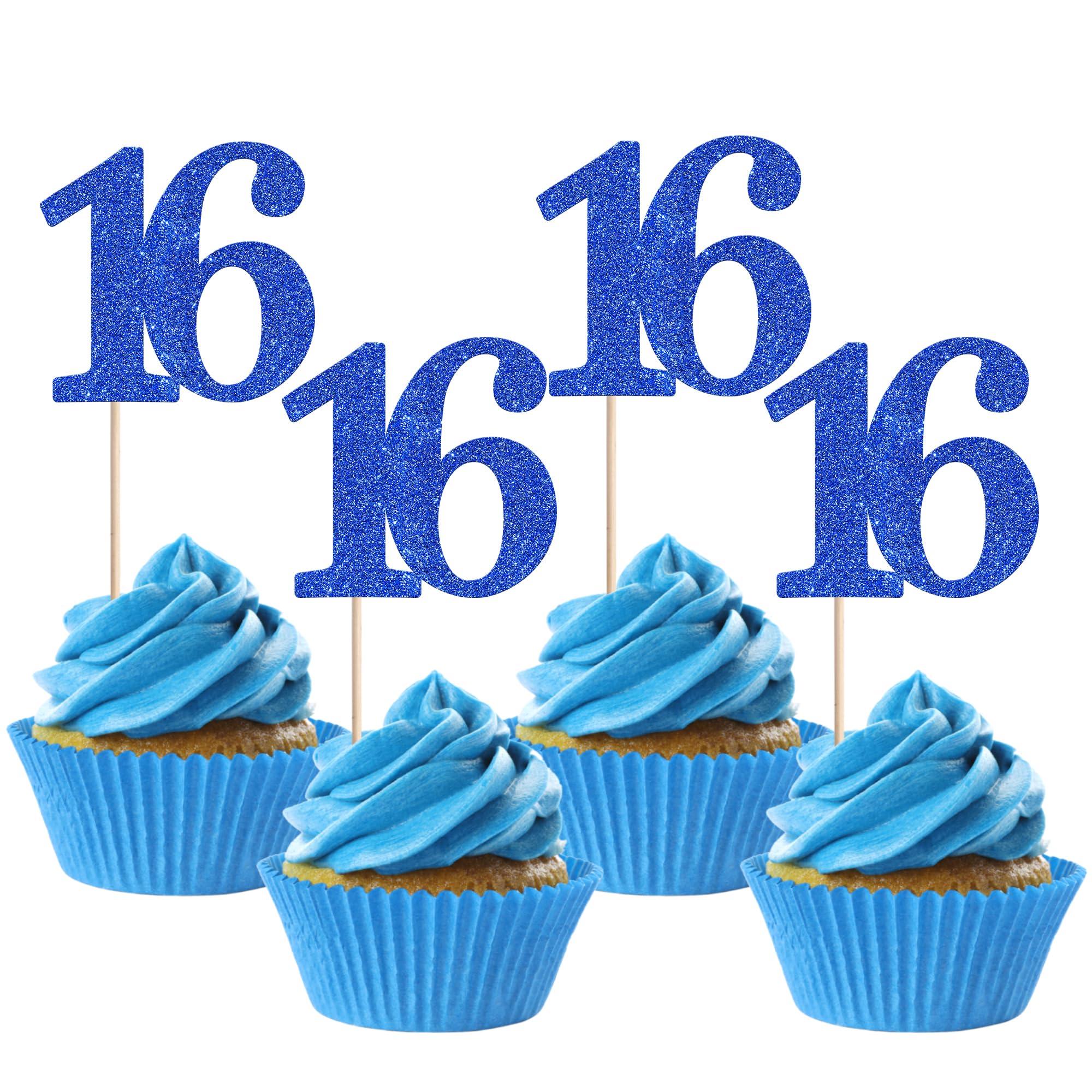 Xsstarmi 36 Pack Number 16 Cupcake Toppers Glitter Cheers to 16 Years Birthday Cupcake Picks Decoration for Happy 16th Birthday Wedding Anniversary Party Cake Decorations Blue