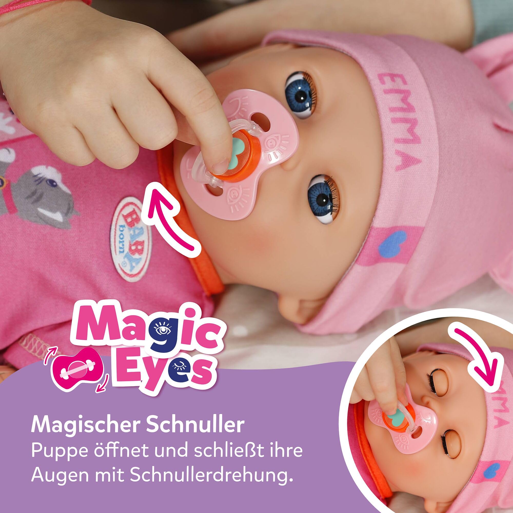 BABY Born Emma 43 cm Babypuppe mit Click & Play, 10 Funktionen | 8 Accessoires inklusive, funktioniert ohne Batterien, bewegliche Arme, ab 3 Jahren