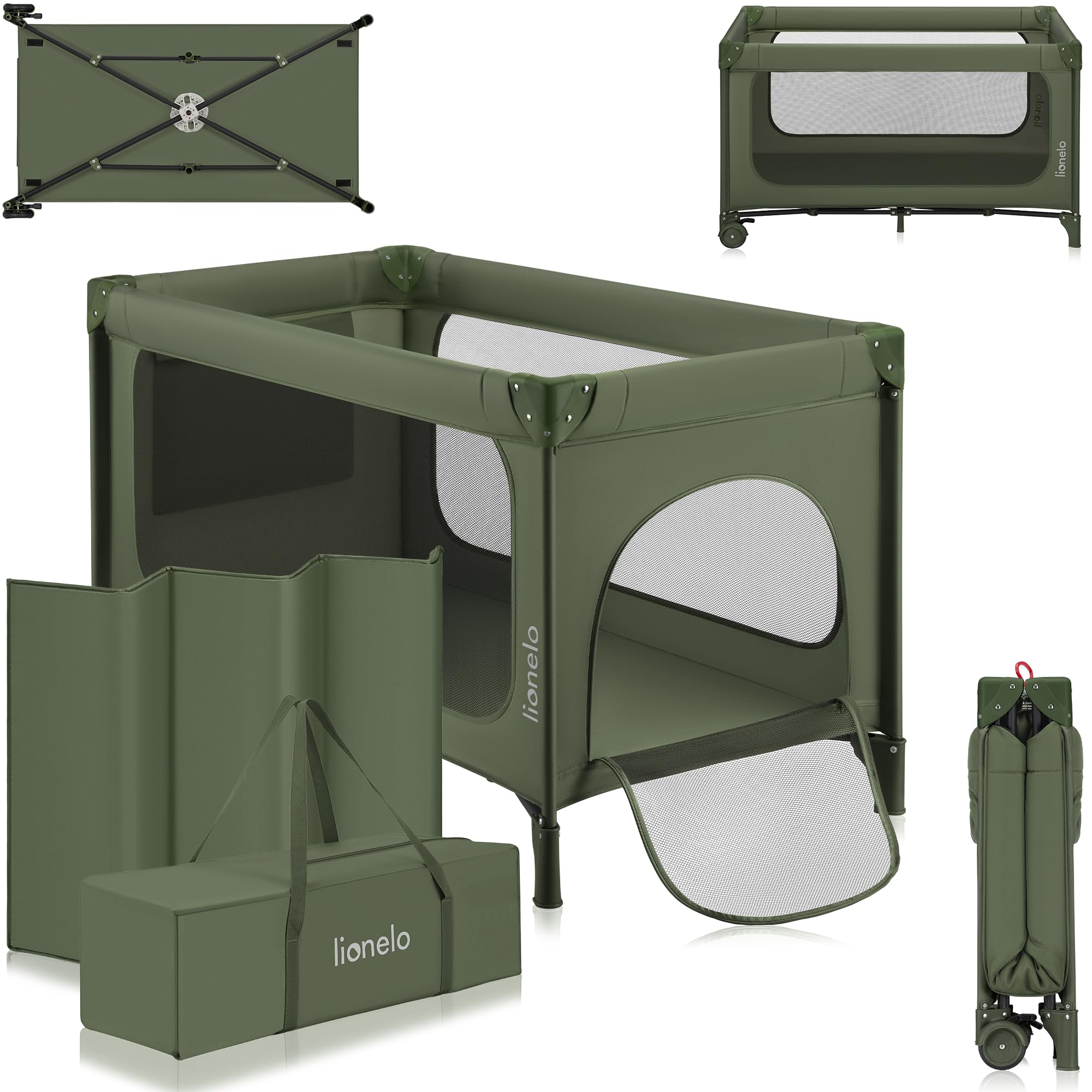 LIONELO Sven Plus Reisbedje 4-in-1 Campingbedje met 2 Hoogtes & Matras – Inclusief Verschoontafel, Speelboog, Organizer & Moskitonet – Compact Opvouwbaar met Wielen, LockGuard & Draagtas, Beige Olijf