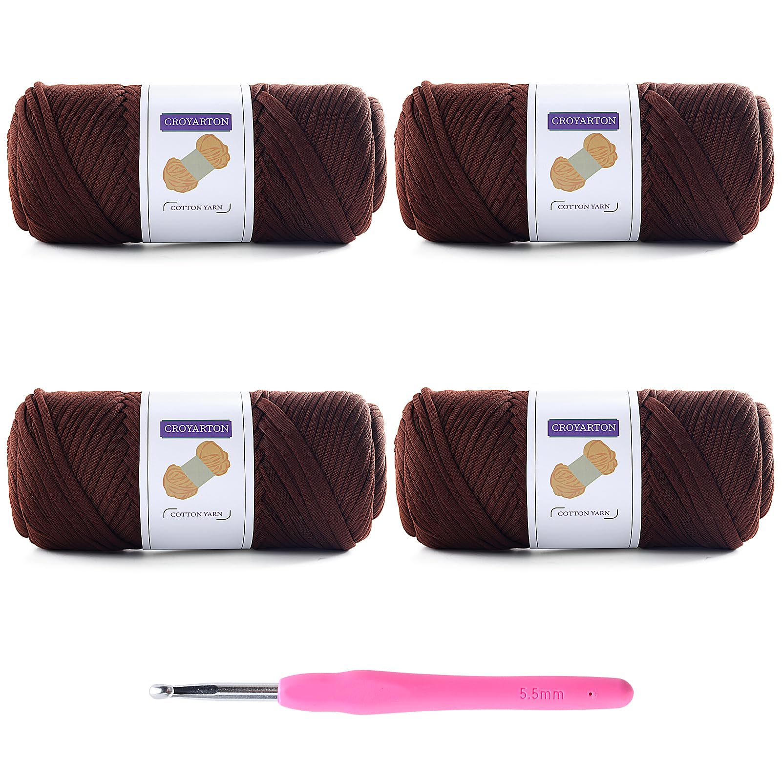 4 Pack Tshirt Yarn for Crocheting, Elastic T Shirt Spaghetti Thick Knitting Yarn Total Length 260 Yds for Crochet Bag Baskets Home Decor with 1 Crochet Hook (4-Deep Coffee)