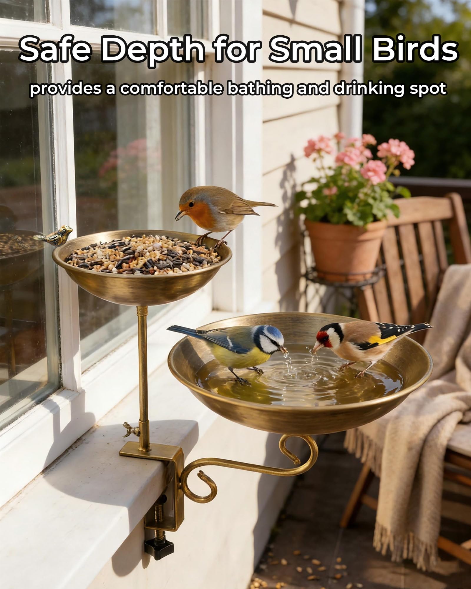 Deckmontierte zweistöckige Vogeltränke mit verstellbarer Klemme, Metall, Balkon, Vogeltränke & Vogelfutterstation für Geländer, Terrasse, Zaun - Leicht zu reinigende Vogeltränke für den