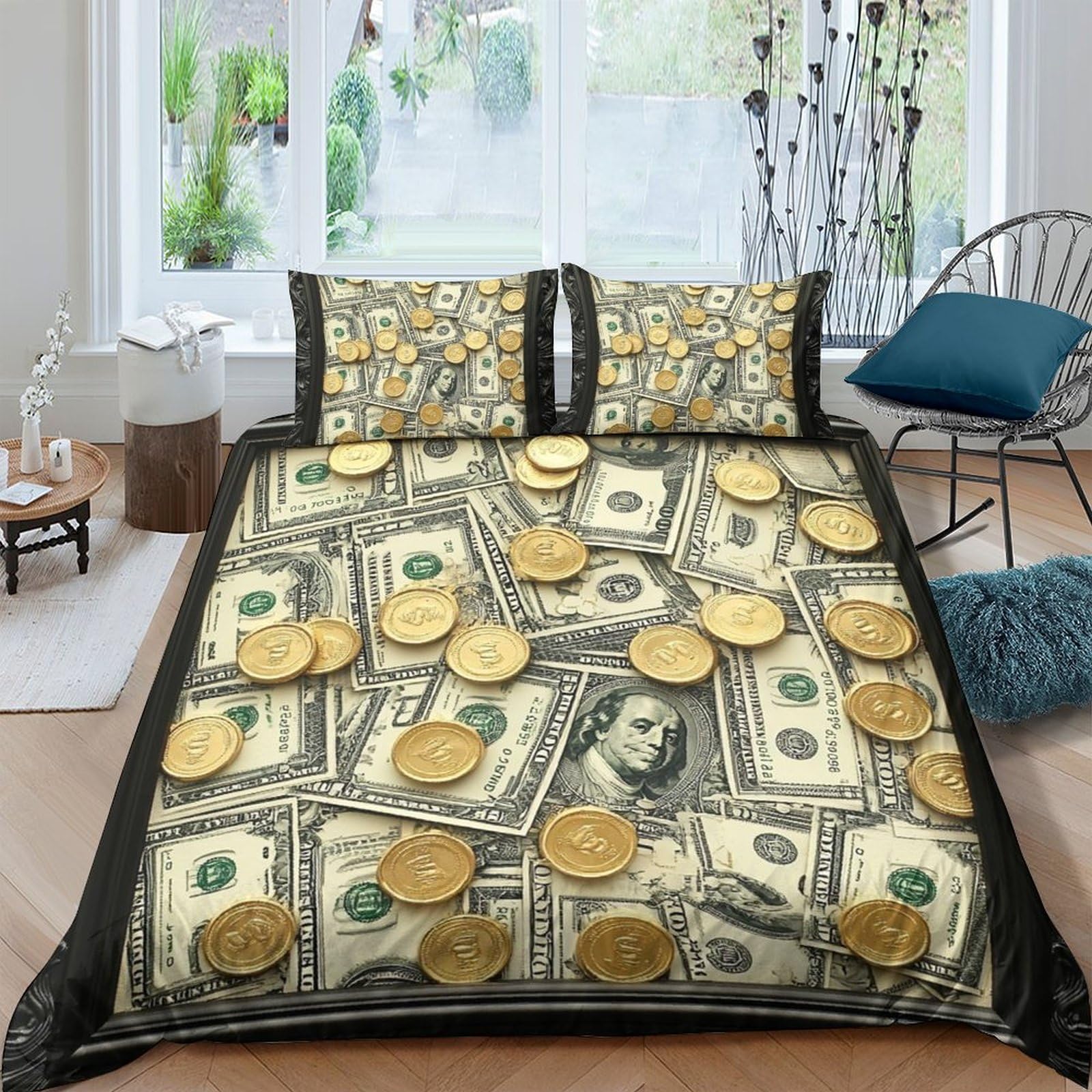 Ctjqhvkz Style-4 3D Printed Money Banknote Fitted Sheet Microfiber Gold Coin Mattress Cover For Bedroom Dorm Decor Protection Single（135X200cm）