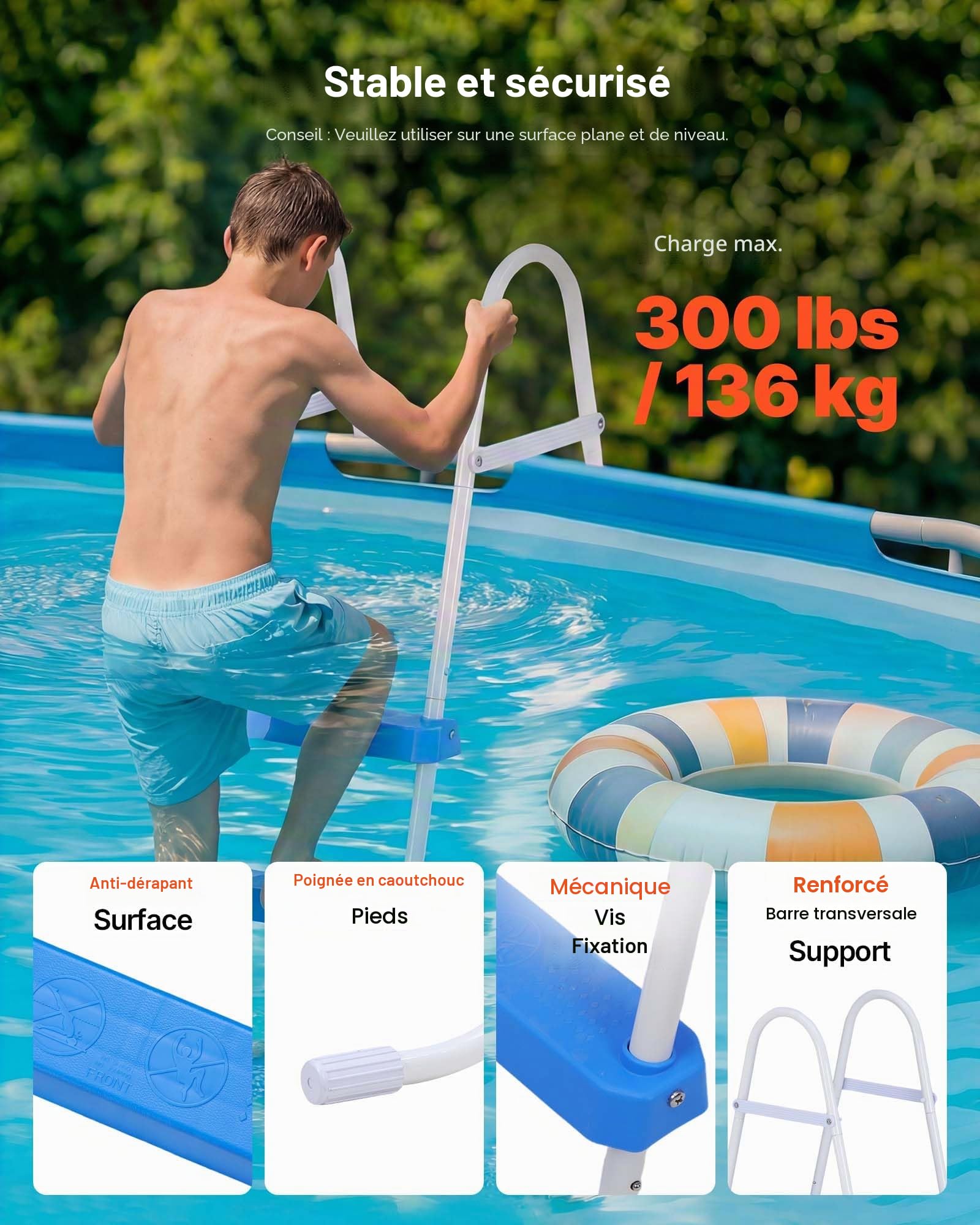 VEVOR Échelle de Piscine Hors Sol 91,4 cm Acier Carbone 3 Marches PP Antidérapantes Capacité Charge 136 kg Blanc Bleu