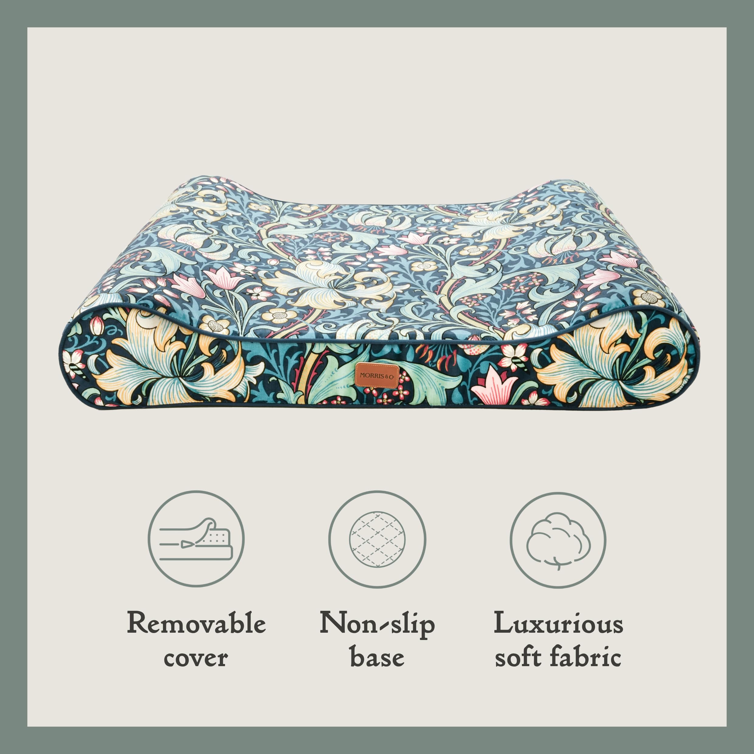 Rosewood x Morris & Co. - Colchón reclinable Golden Lily - Cama de Lujo para Perro de Espuma viscoelástica con el icónico Estampado de William Morris, Funda Lavable, Tela Resistente a los arañazos