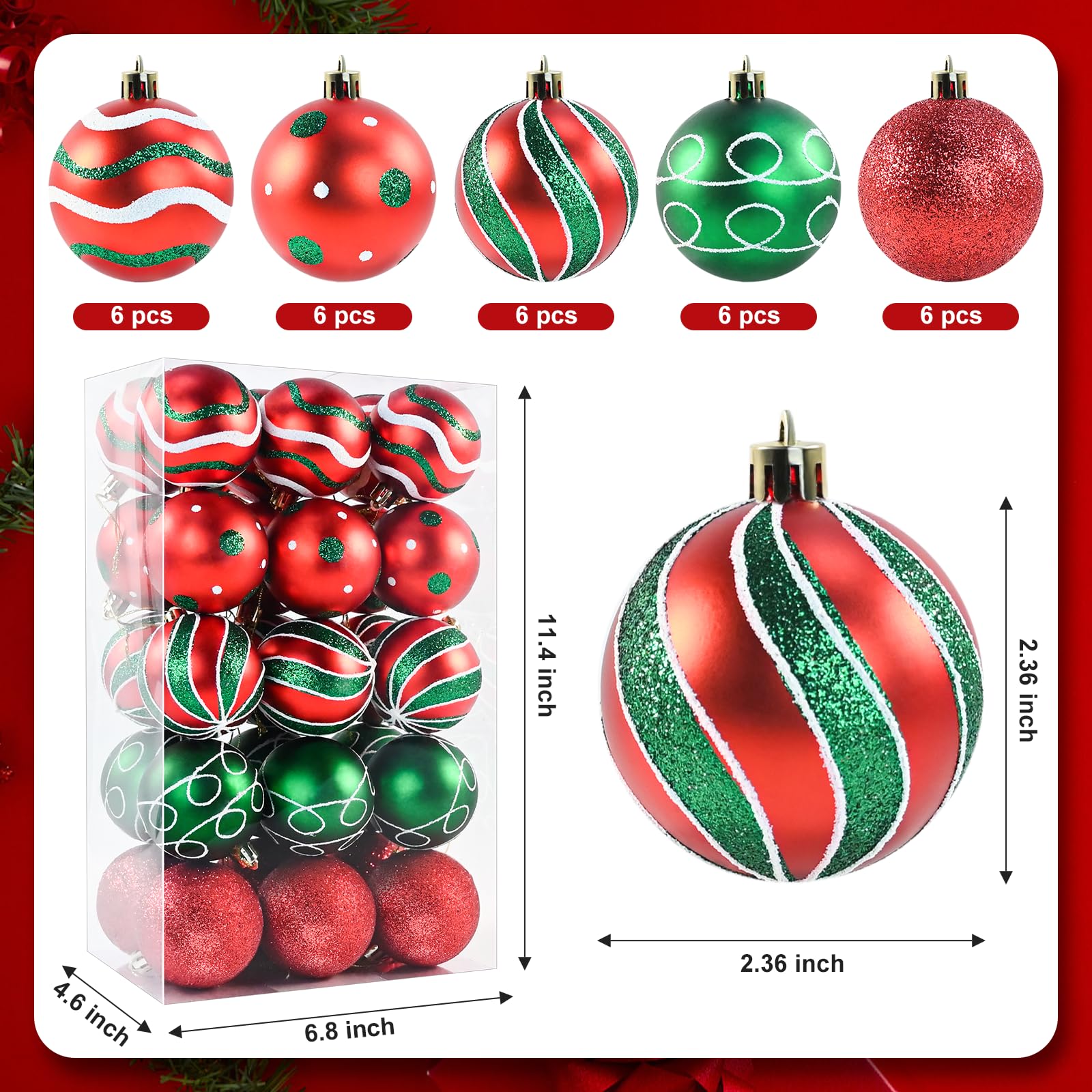 30PCS Christmas Ball Ornaments, 2.36