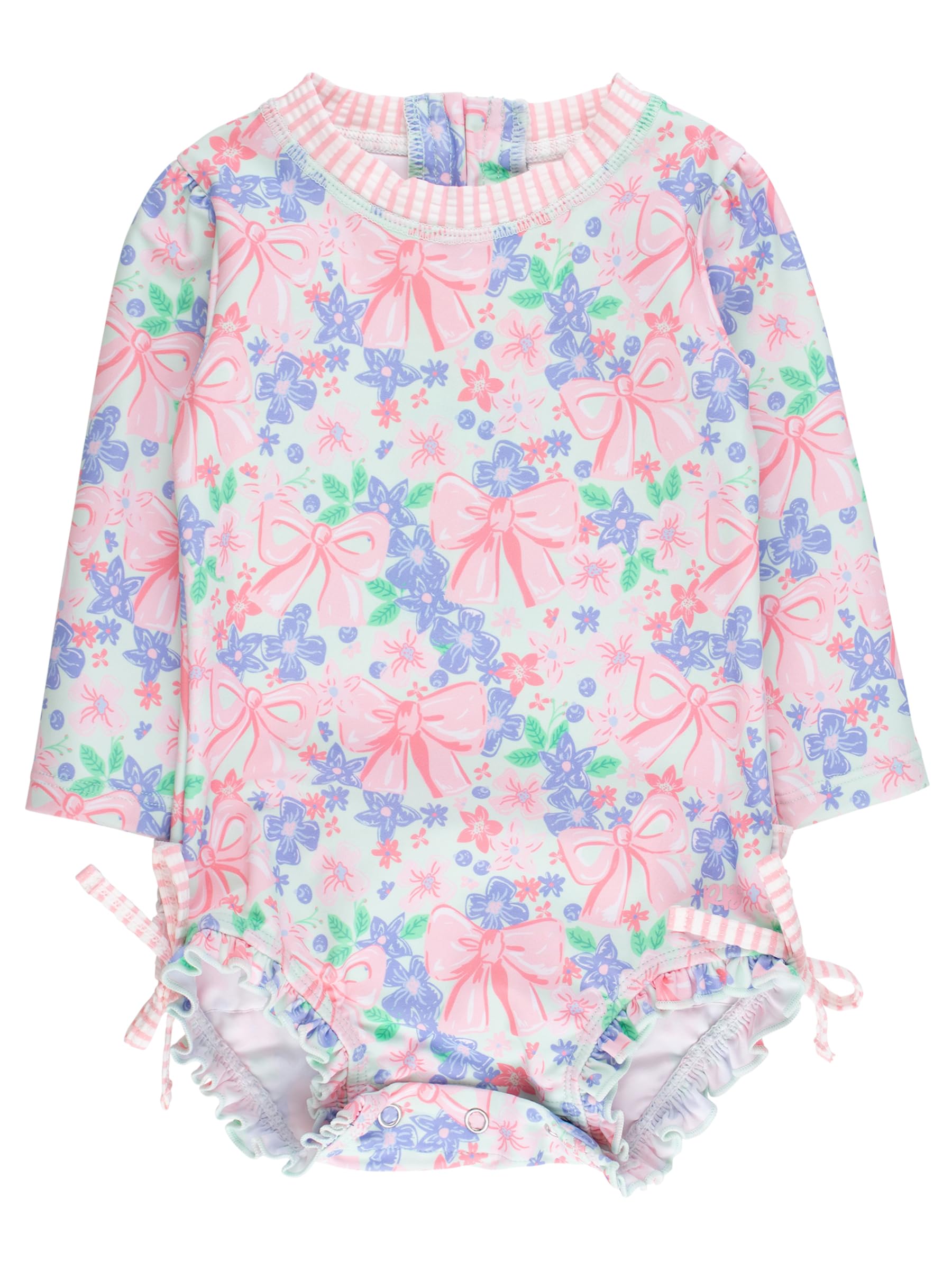RuffleButts Baby Girls Novelty Baby One Piece - Rash Guard Swimsuit | 80% Nylon 20% Spandex, UPF 50+, Lightweight, Medium Stretch, Full Seat Coverage, Bottom Snaps, Unlined, Infant Beach Swim