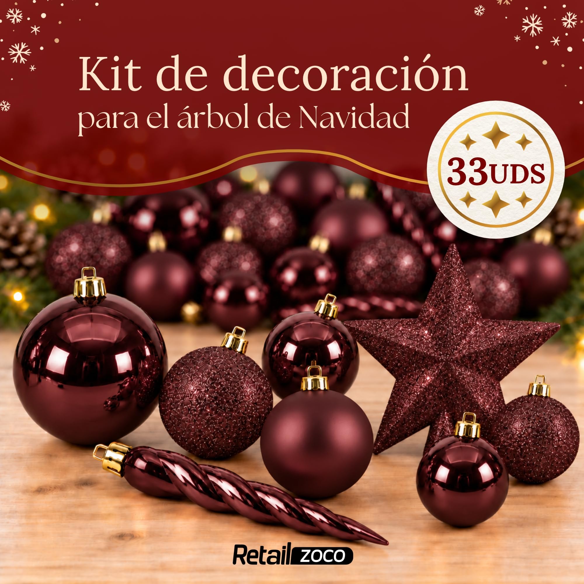 Bolas de Navidad, Adornos Arbol Navidad, 33 Piezas, Rojo Oscuro - imagen 2
