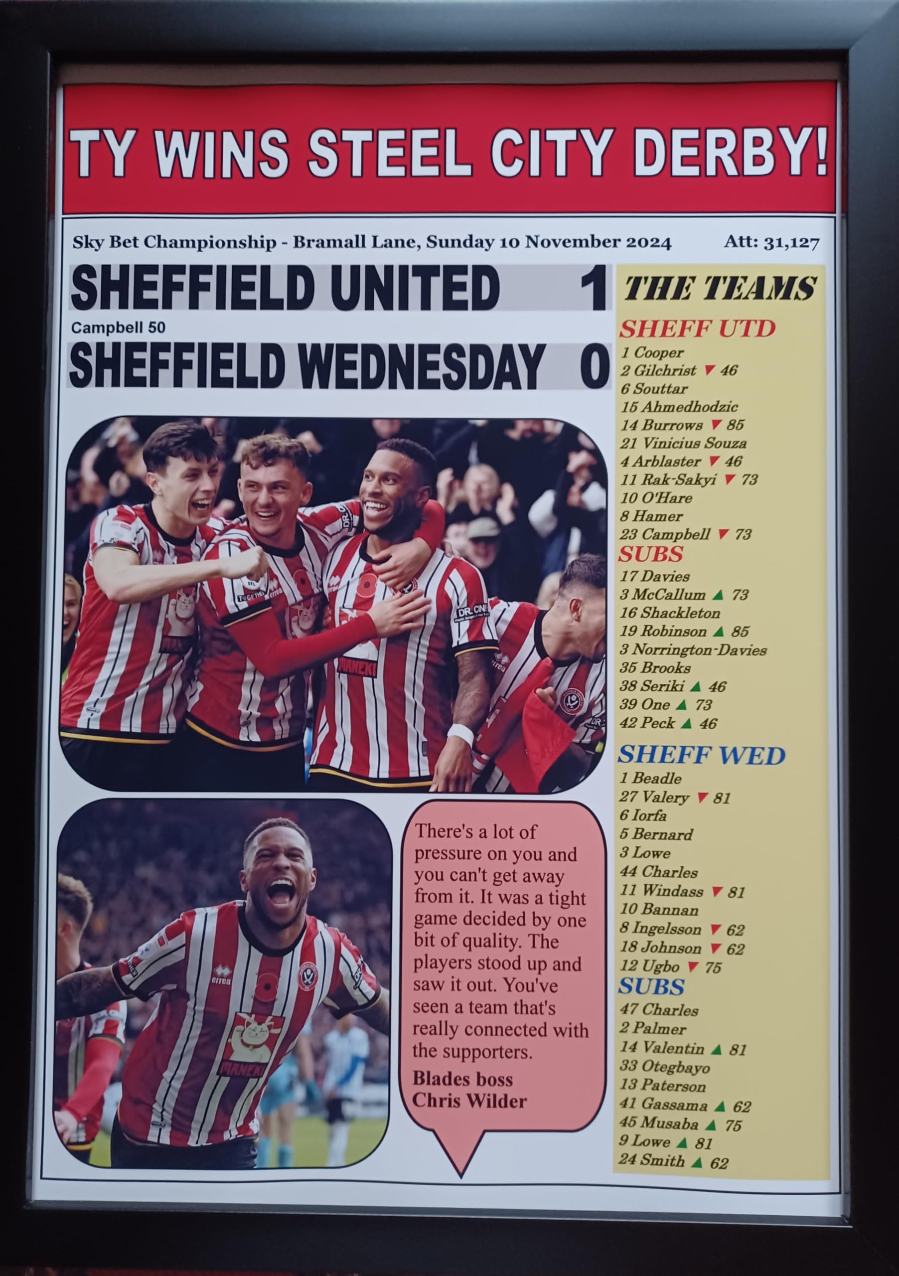 Assorted Multicoloured Sheffield United 1 Sheffield Wednesday 0-2024 Championship - Framed Print