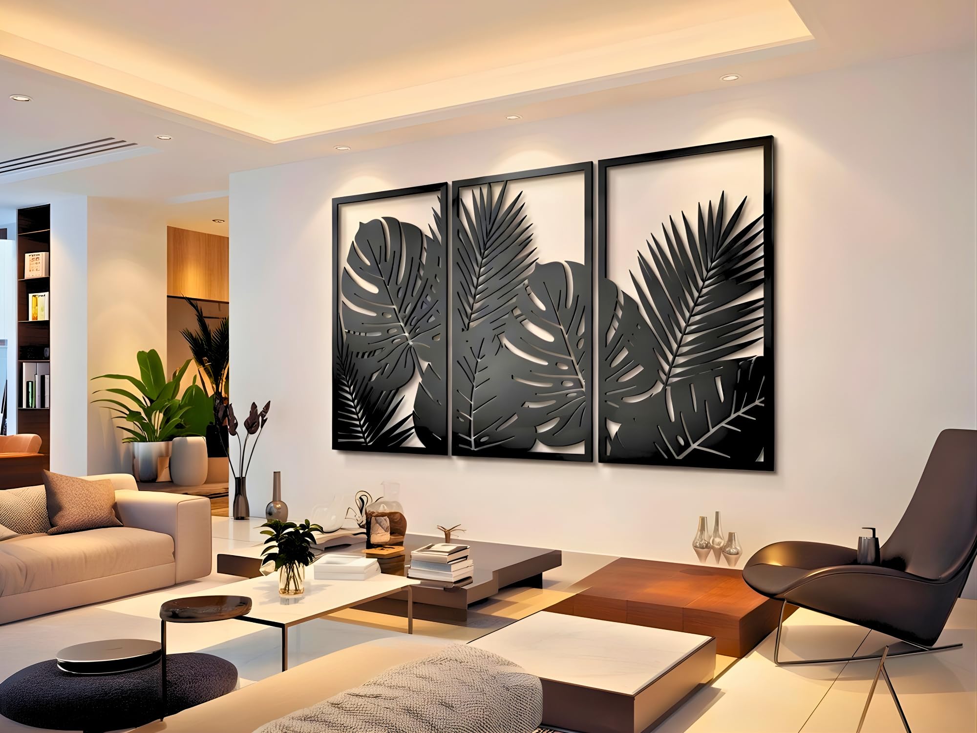VAILLA Árbol de la Vida Decoración de Pared Mural de Madera Decoración en Negro Dorado Decoración de Pared Hogar Arte de Pared 3D Decoración Moderna Cuadros para Hogar (Hojas tropicales 8)