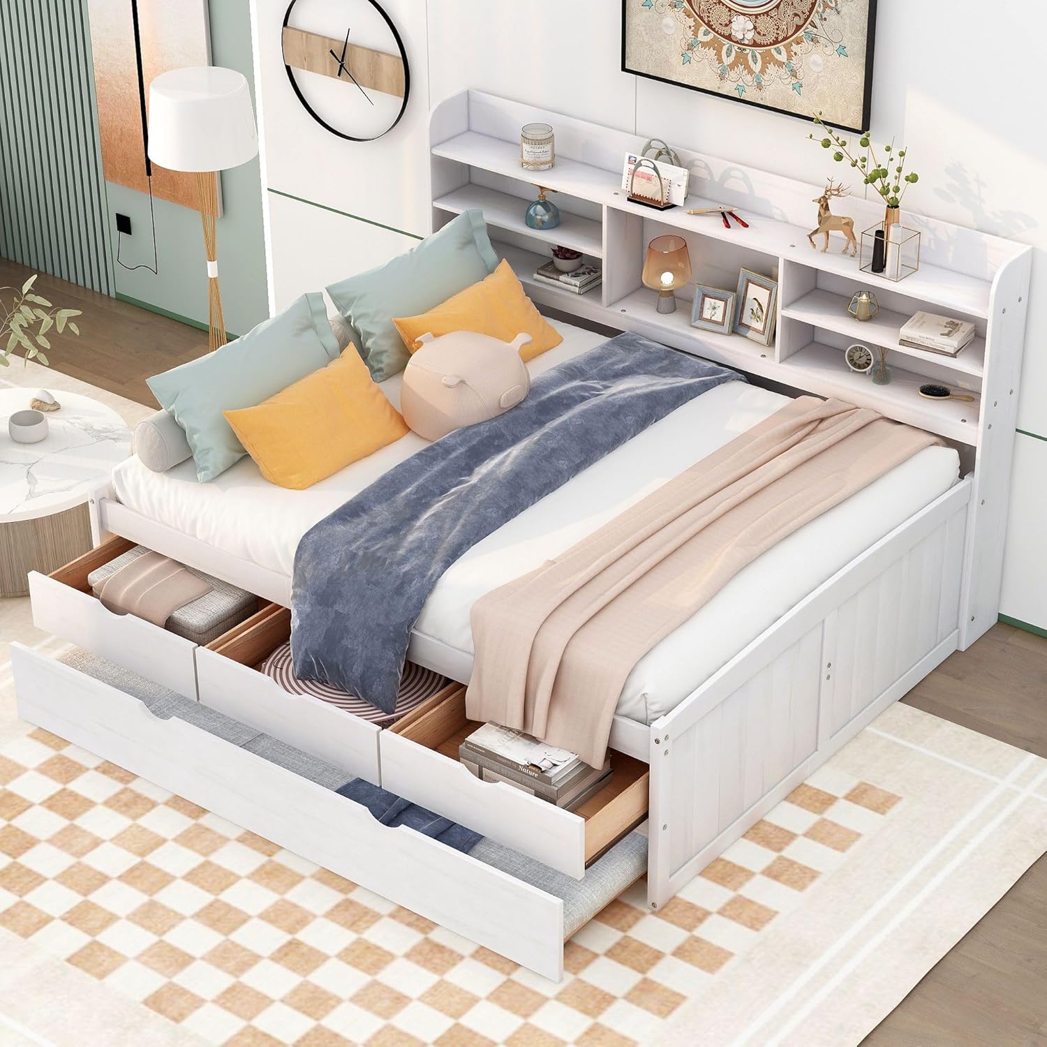 Full Size Captain Bed, Wood Platform Bed Frame Mattress Foundation Sleigh Bed with Built-in Bookshelves,Three Storage Drawers and Trundle/Wood Slat Support for Teens, Adults(White, Full)