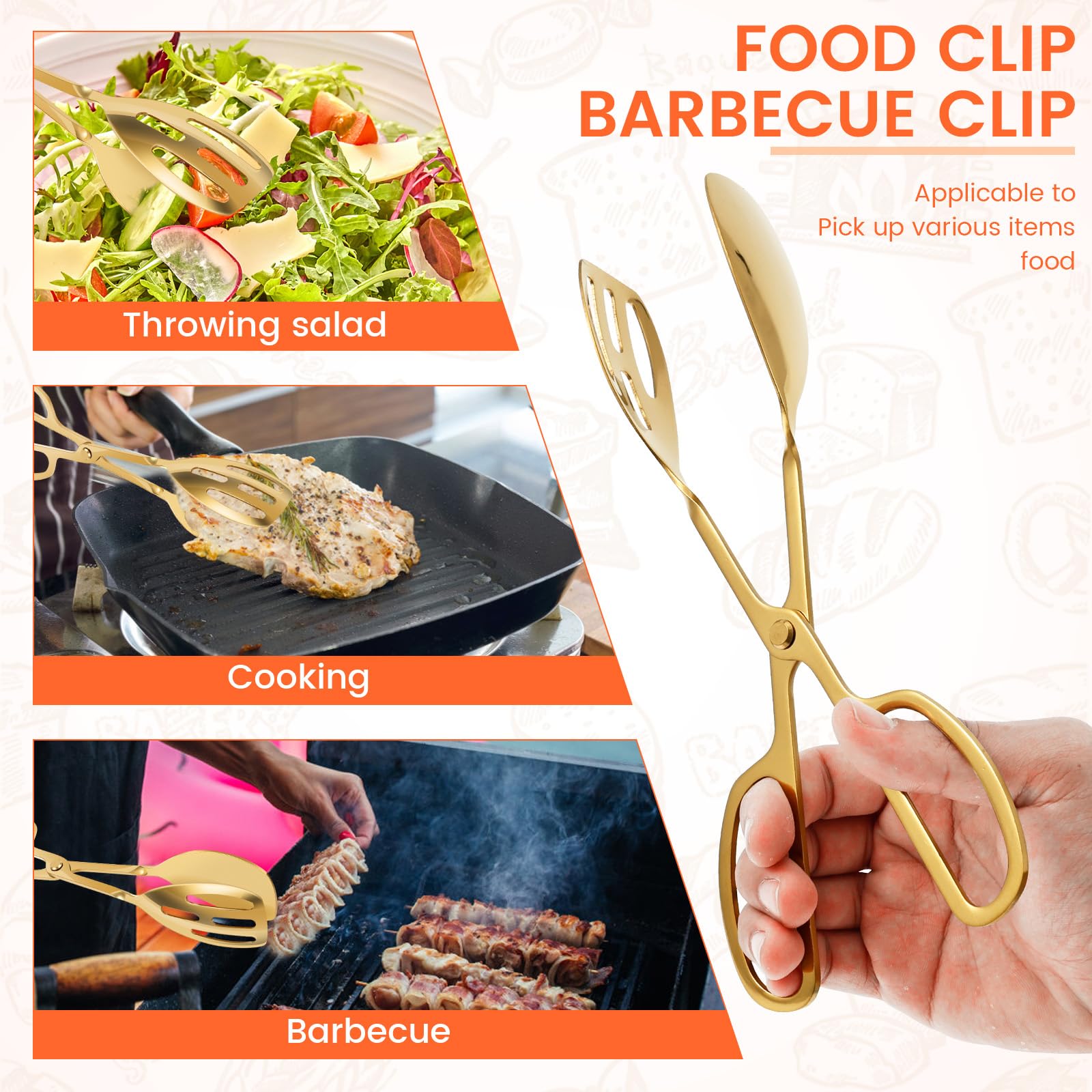 2 pinze da cucina in acciaio inox, ergonomiche in oro, 25,3 cm di lunghezza, anche come pinza per insalata, pinza da servizio, pinza per torte, pinza per pasta, pinza per salsicce, lavabile