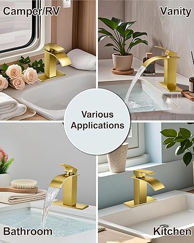 Miniatura 8 de Midanya Grifo de lavabo de baño de oro cepillado, boquilla de cascada, mango único, 1 agujero, montaje en cubierta, grifo mezclador de lavabo