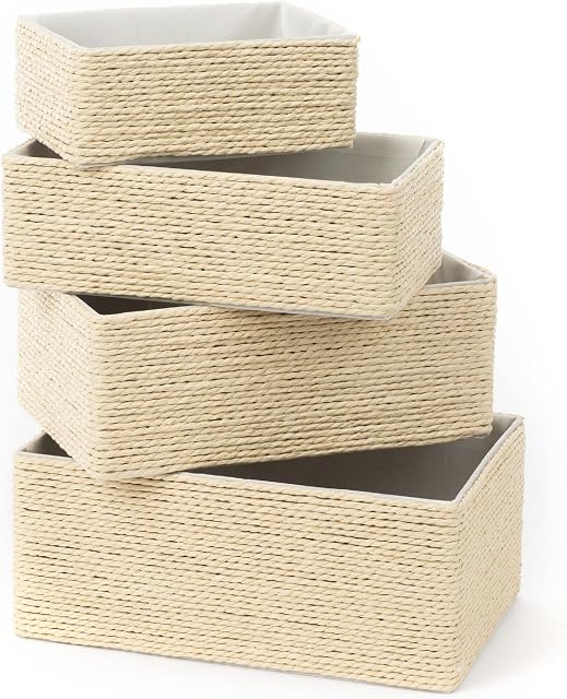 LIVIVO 4pc Storage Basket Paper Woven Multipurpose Stackable Organiser Rope Bin For Kitchen, Bathroom, Living Room, Bedroom, Drawer, Desk, Closet, Makeup, Cosmetics, Home & Office (Natural)