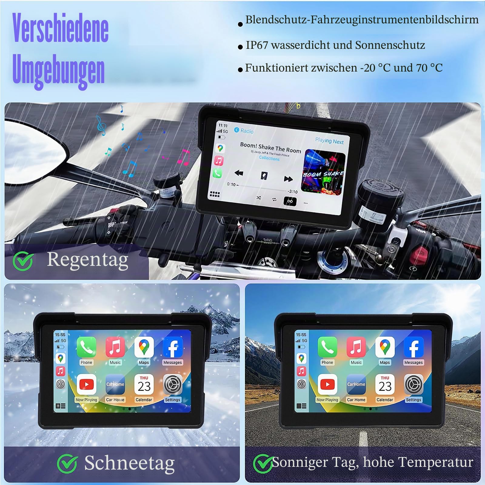 CarPlay Wireless Motorrad GPS 7-Zoll IPS Bluetooth Touchscreen, passend für Apple CarPlay, GPS Navigation(Es Wird empfohlen, den Startkreis direkt anzuschließen)