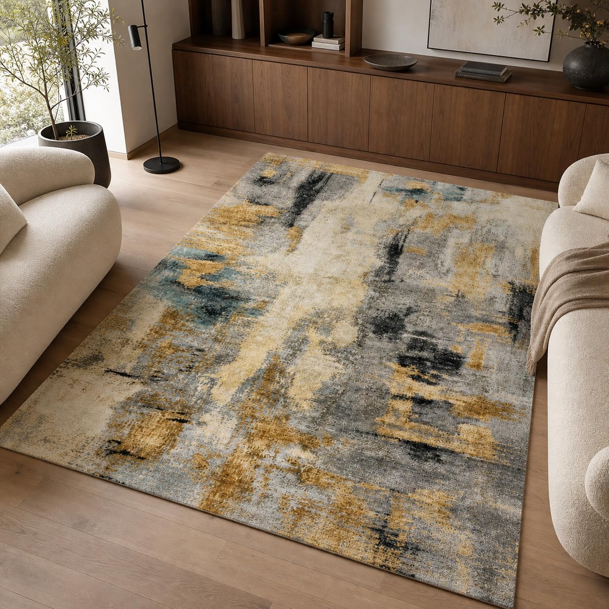 Tappeto Salotto Moderno Astratto Beige, Grigio, Oro e Nero, Lavabile in Lavatrice e Antiscivolo TPR, Pelo Corto Morbido per Soggiorno e Camera da Letto (200 x 300 cm)