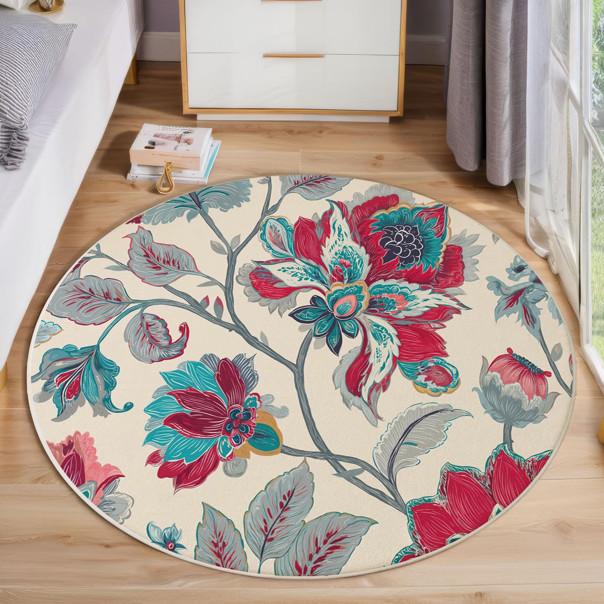 Tapis rond fleurs indiennes antidérapant et lavable pour chambre enfant