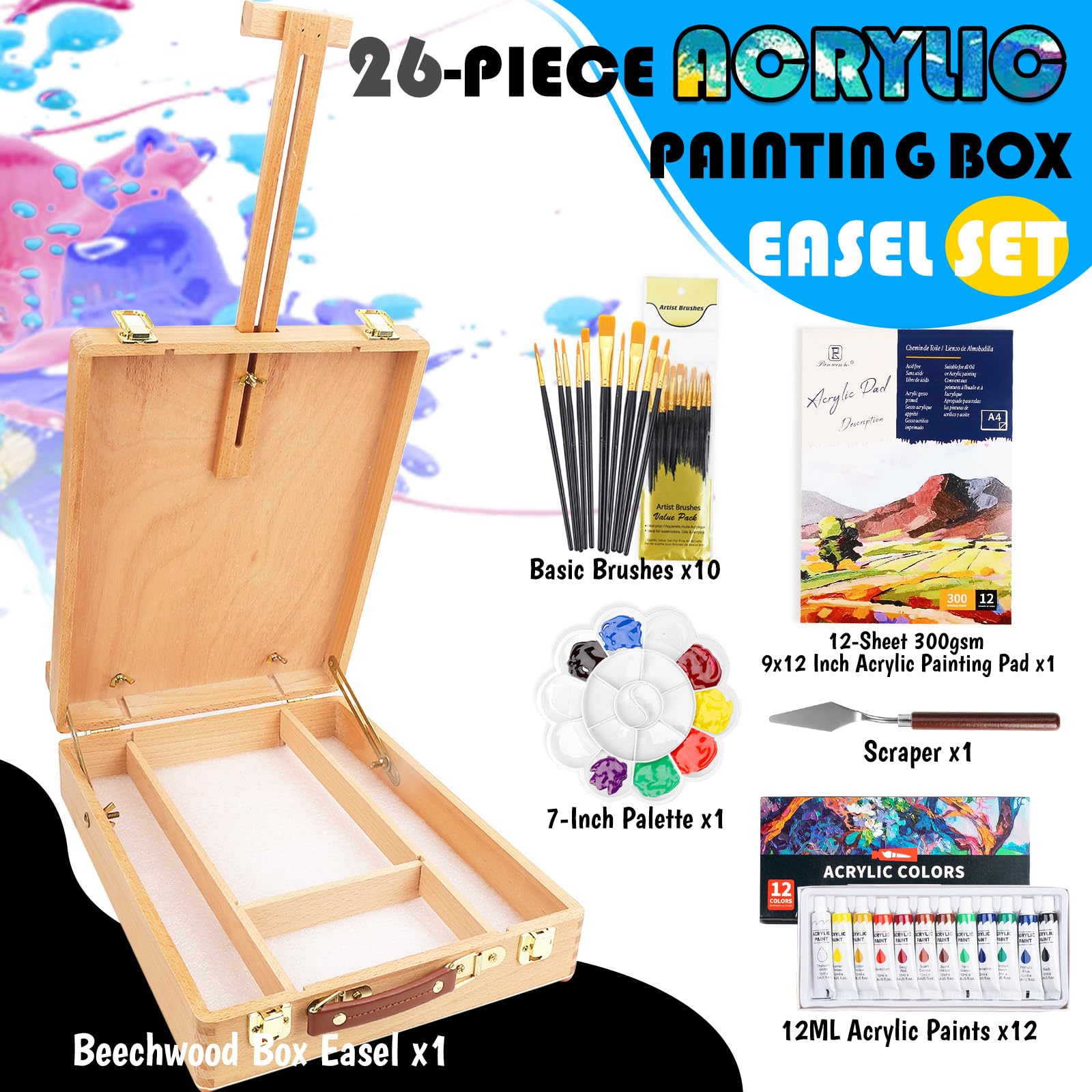 Juego de caja de caballete de arte de mesa, kit de pintura de 26 piezas para artistas adultos y principiantes, soporte de caballete con 12 pinturas acrílicas, 12 hojas de almohadilla acrílica,