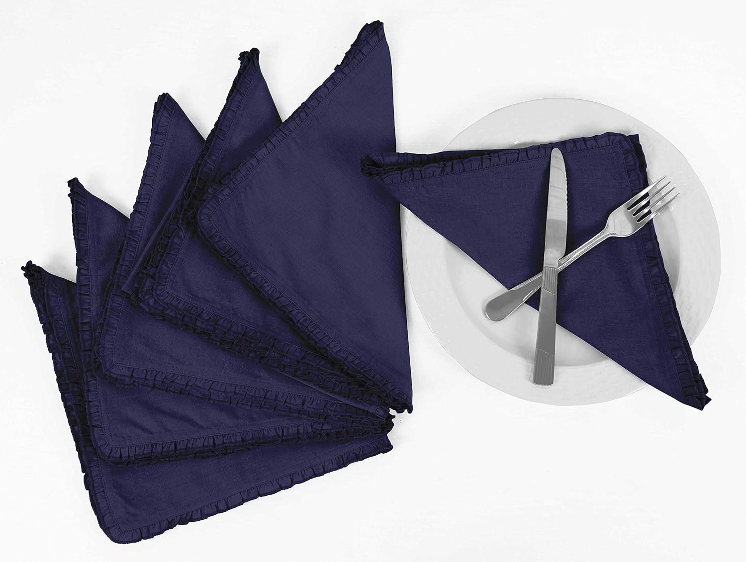 Dark Blue Solid Home Decor Washable Reversible Frill Dining Tablemats with Napkins Set-Pack of 6