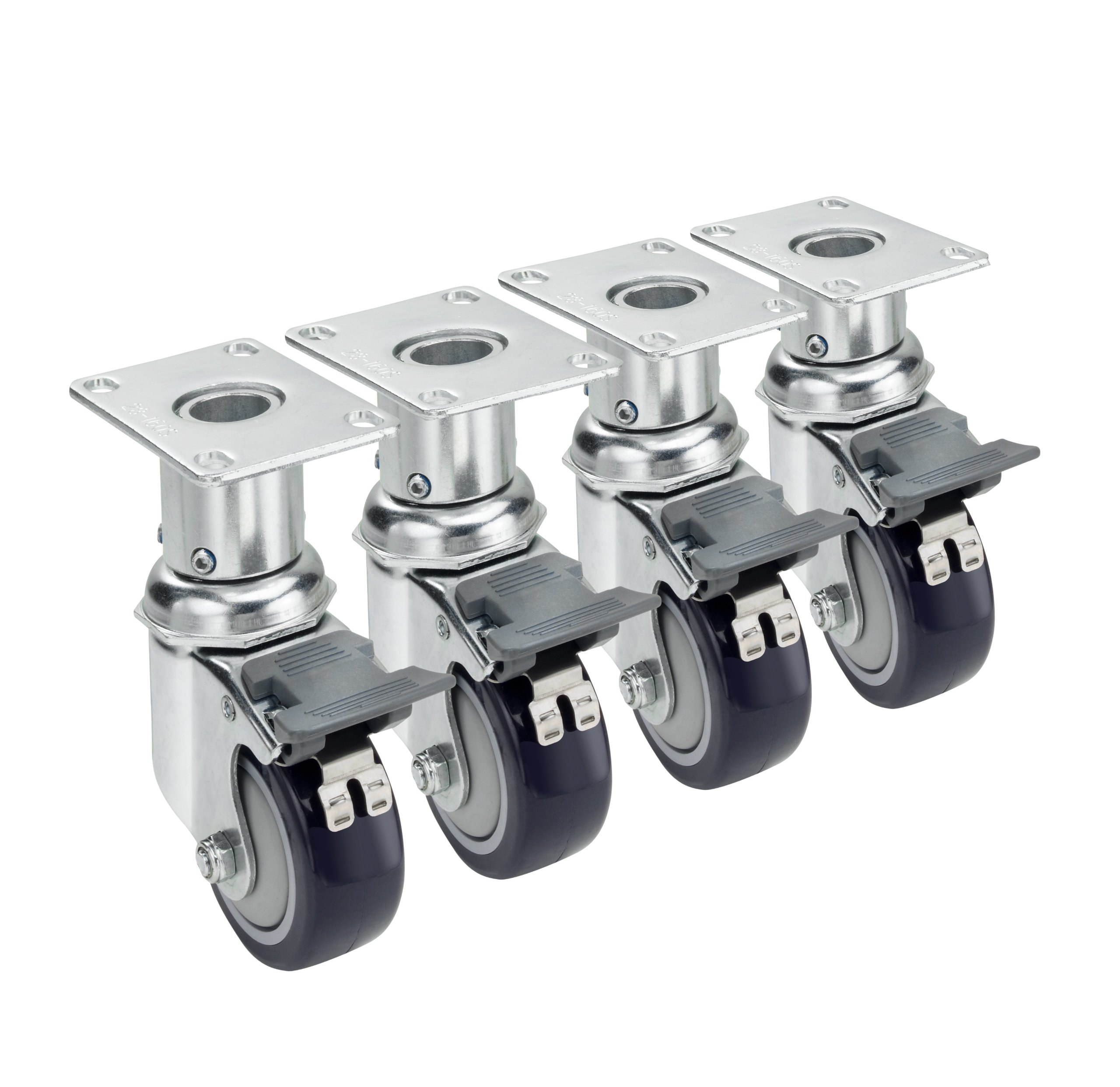 KrowneMetal 28-160S Set of 4 Adjustable Height Swivel Plate Casters with Locks, 3" Diameter, 2-3/8" x 2-3/8" (6-7" Height Adjustment)