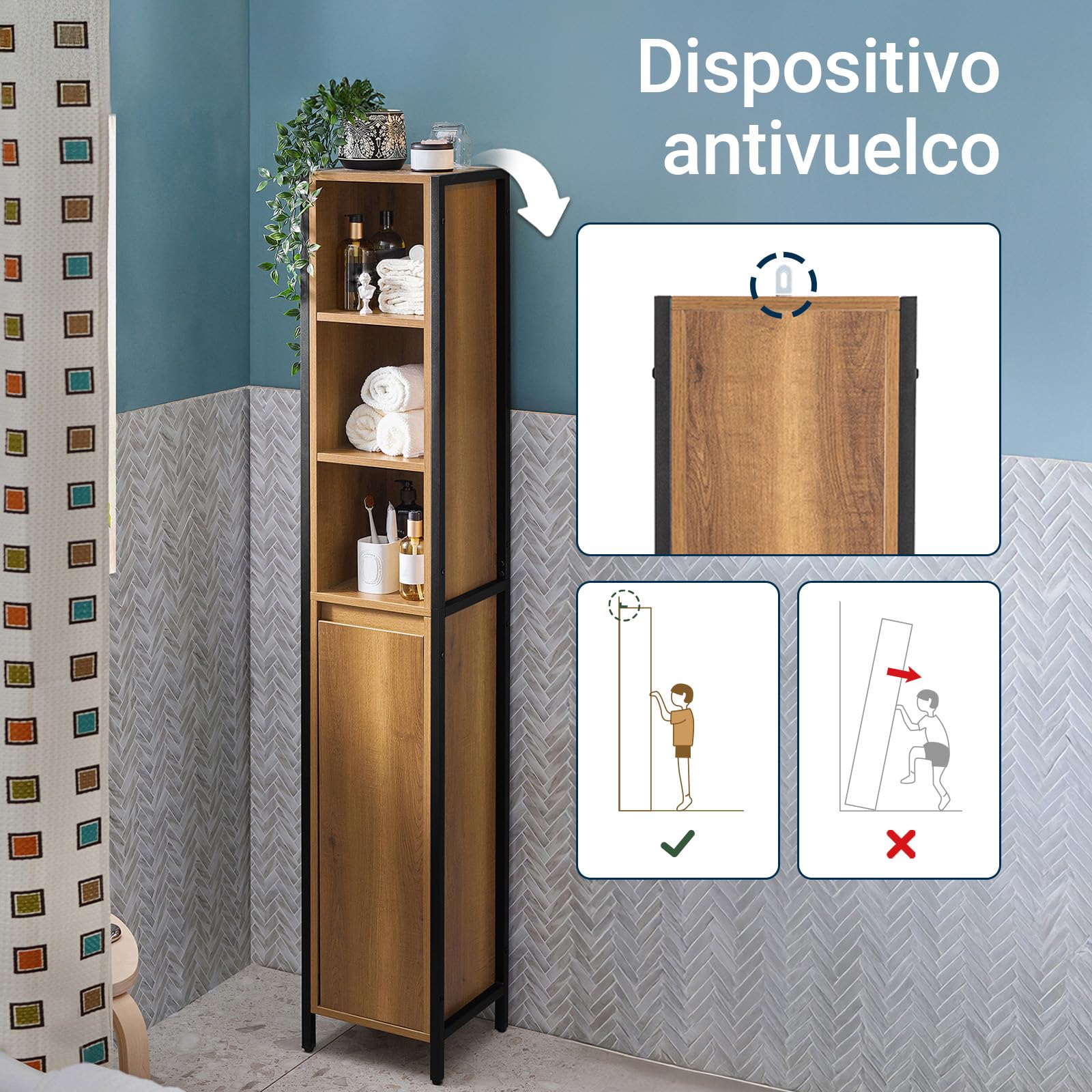SoBuy Mueble Baño Alto Armario Baño Estrecho 30x168x28 cm Estilo Industrial | Columna de Baño Estrecha Vintage con 3 Estantes Abiertos y 1 Puerta, Armario Auxiliar de Baño, BZR62-PF