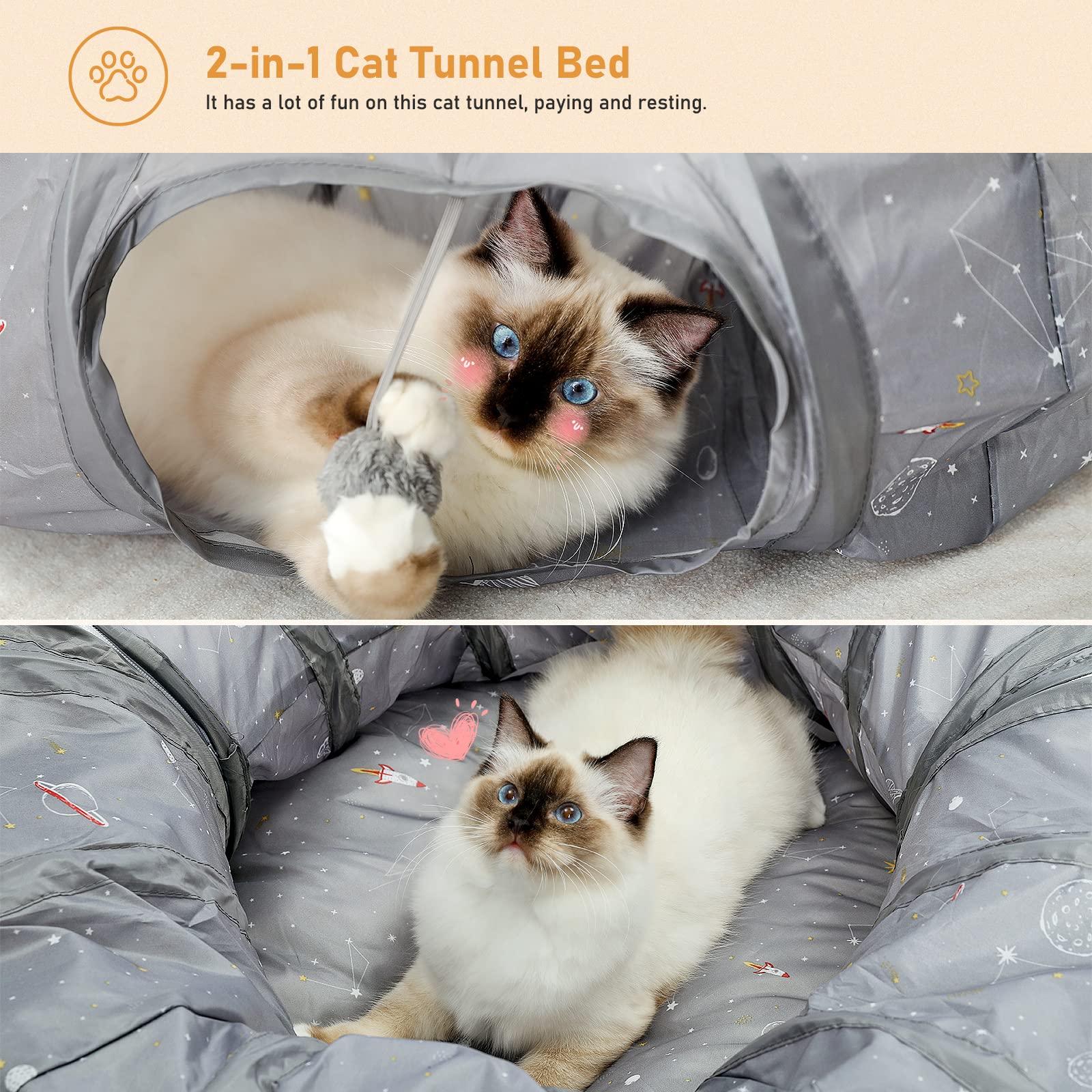 PAWZ Road Cat Tunnel, letto a tunnel per gatti con tappetino centrale morbido e giocattoli a sfera di peluche, tubo a tunnel pieghevole con simpatiche stampe a razzo per gattini, conigli da interno