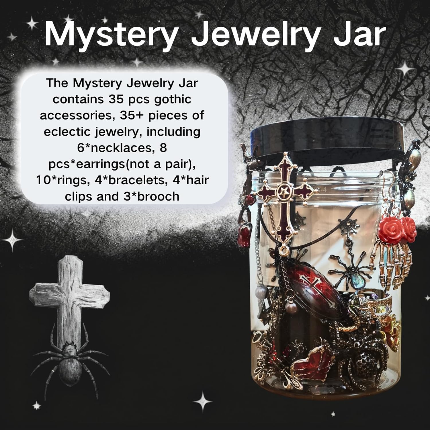 Mystery Jewelry Jar 35 PCS Gothic Jewelry Set Halloween Surprise Jewelry Box Includes Witchcraft Vampire Necklaces, Earrings, Rings, Bracelets, Waist Chain and Brooch - Image 2