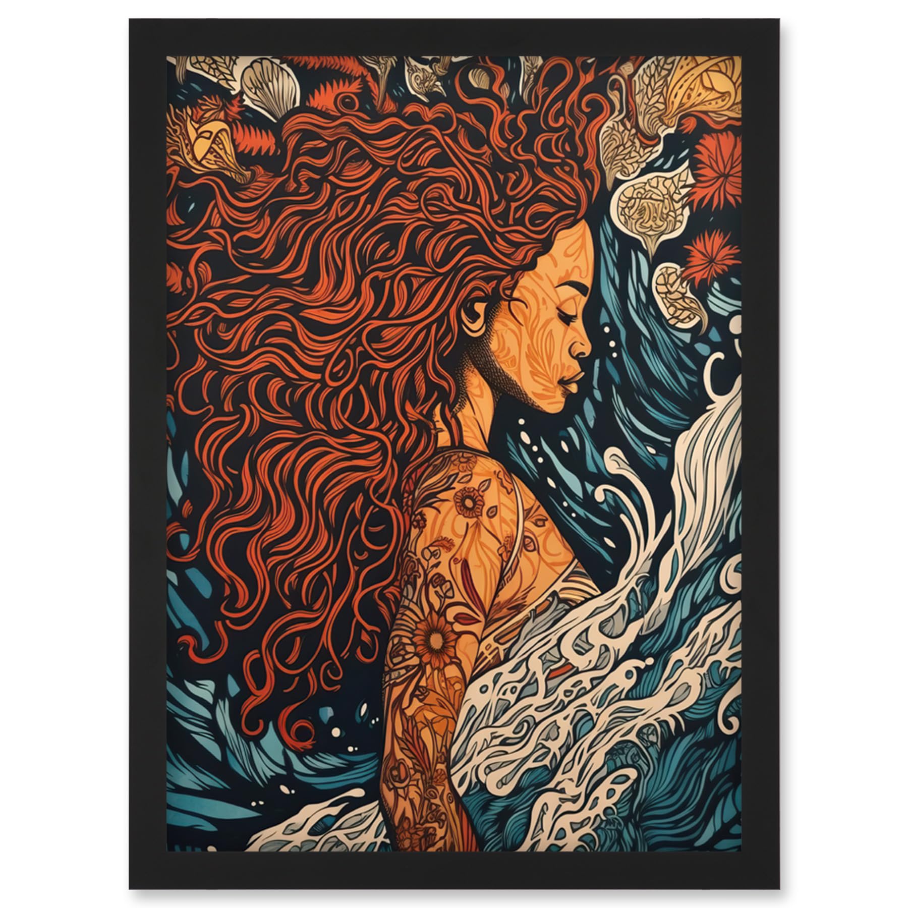 Artery8 Sea Water Nymph Modern Art Nouveau Linocut Artwork Framed Wall Art Print A4