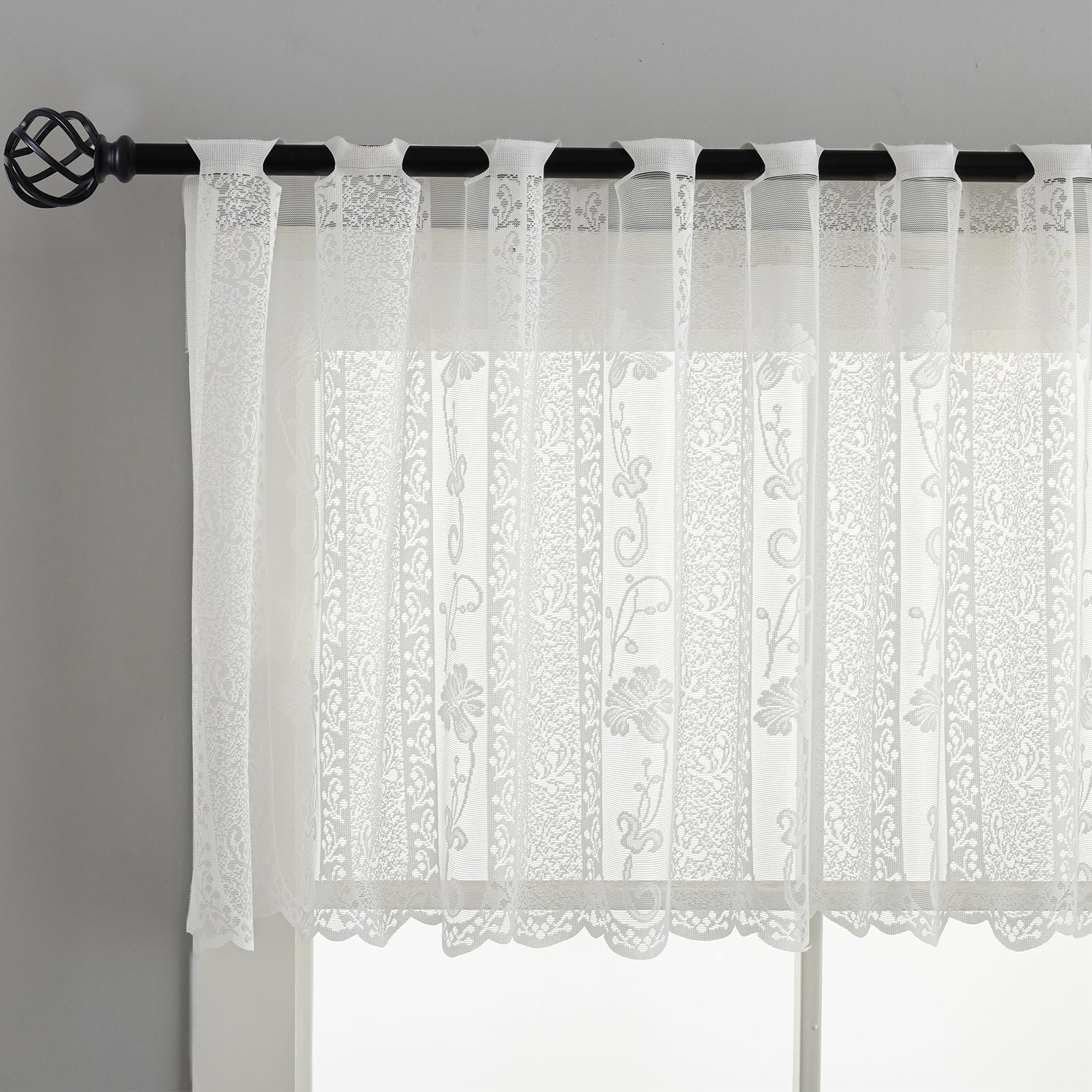Ivory Lace Valance Curtain W66 x L22 Inch - 1 Panel Vertical Striped Floral Scalloped Bottom Sheer for Windows Privacy - Punched Holes Short Kitchen Window Curtain over Sink