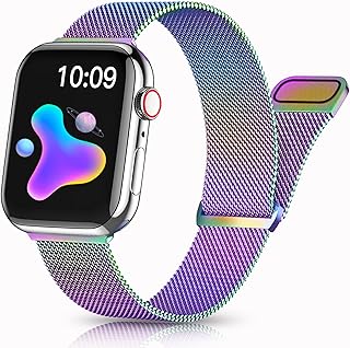 Rabini Metal Magnetic Band Compatible with Apple Watch 38mm 40mm 41mm 42mm 44mm 45mm 49mm, Rainbow Stainless Steel Mesh Loop Bands for iWatch SE Ultra Series 8 7 6 5 4 3 2 1 Women Men, Multicolor