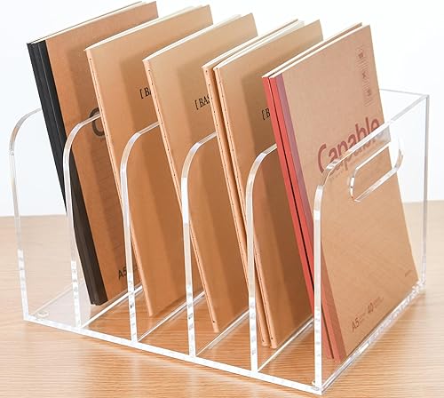 Organizador de documentos de escritorio de acrílico transparente con 5 compartimentos verticales para revistas, carpetas, cuadernos y sobres,