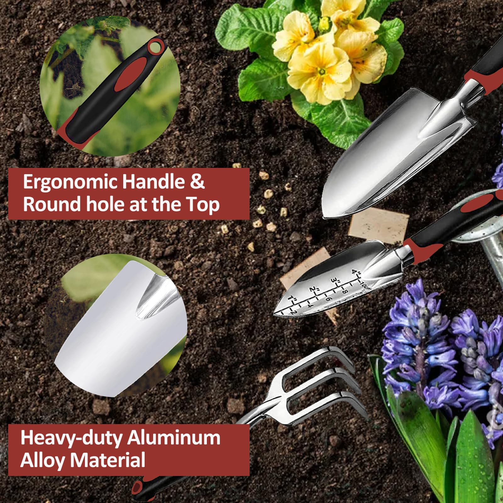 Juego de herramientas de jardín, 3 piezas, incluye paleta de jardín, paleta de trasplante y rastrillo de mano con mango ergonómico antideslizante, kit de jardinería resistente para jardinería