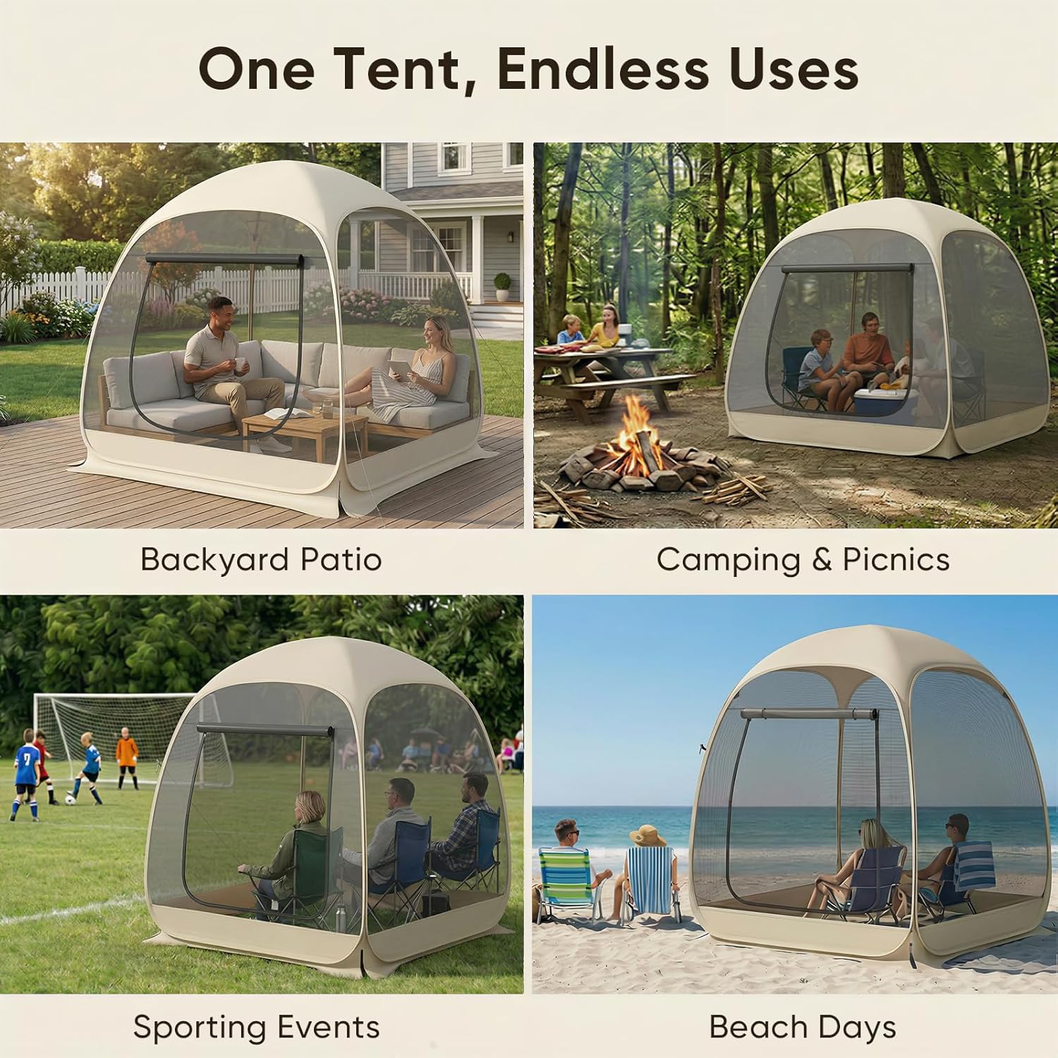 TABU 6x6 FT Pop Up Screen House Tent, Screen Room Canopy with Mosquito Mesh, Instant UV Resistant Shelter with Carry Bag, for Backyard, Sports, Beige