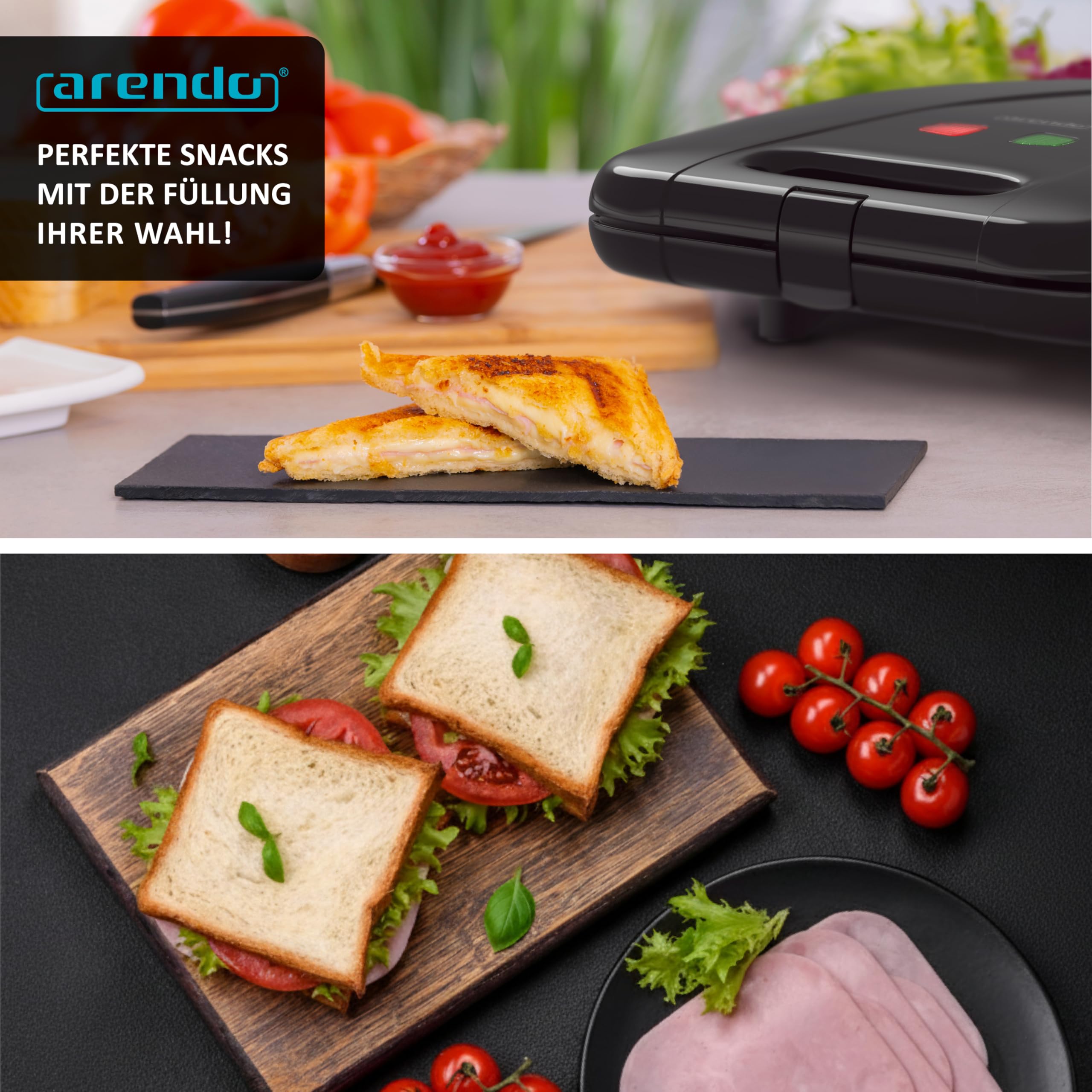 Arendo - Sandwichmaker XXL – für 4 Sandwiches – 1400 W – Sandwichtoaster mit Antihaftbeschichtung – Schnellaufheizung – automatische Temperaturregelung – integrierte Kabelaufwicklung – rutschfeste Füß