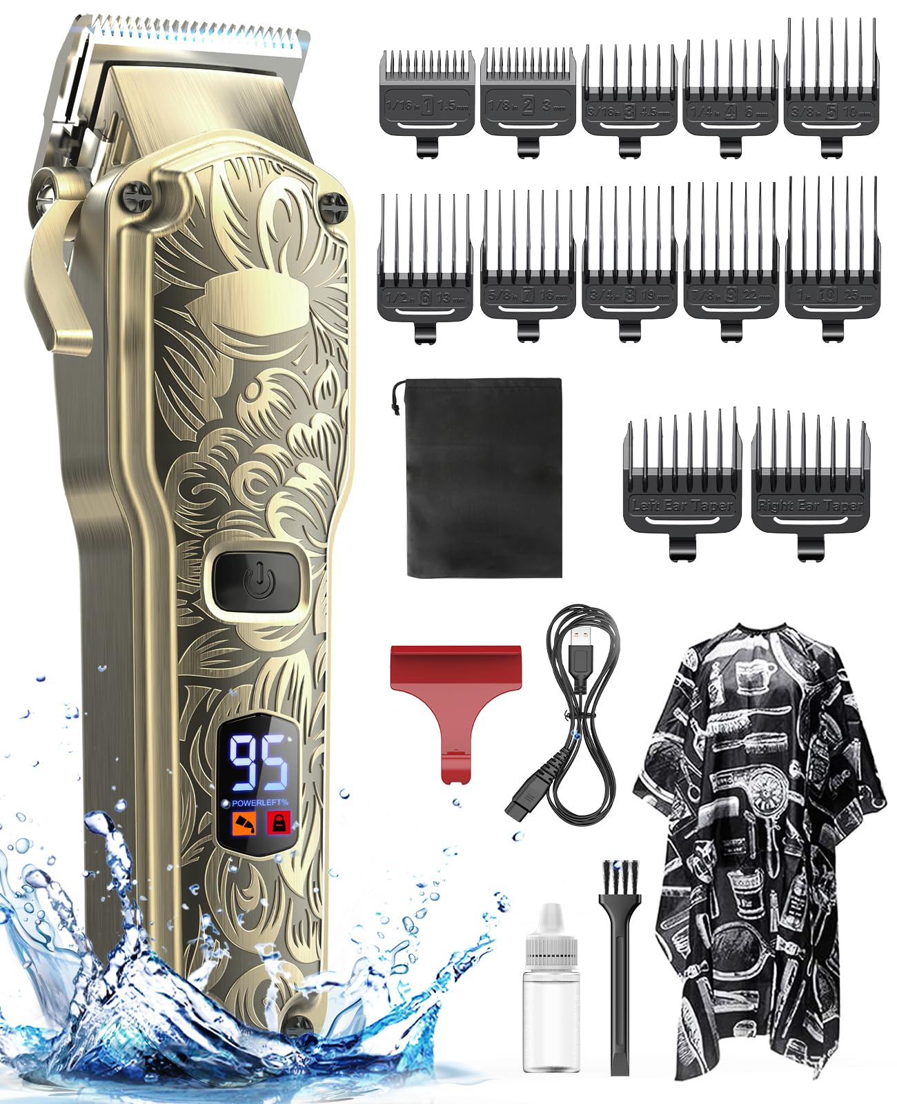 Maquina de cortar pelo hombre, cortapelos profesional cortapelos de barbero con pantalla LED cortabarbas eléctrico inalámbrico IPX7 resistente al agua, maquinilla cortar pelo, Patrón vintage