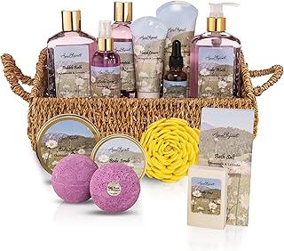 Bath Spa Gift Sets - Luxury Basket With Lavender & Chamomile - Spa Kit Includes Wash, Bubble Bath, Lotion, Bath Salts, Body Scrub, Body Spray, Shower Puff, Bathbombs, Soap and Towel
