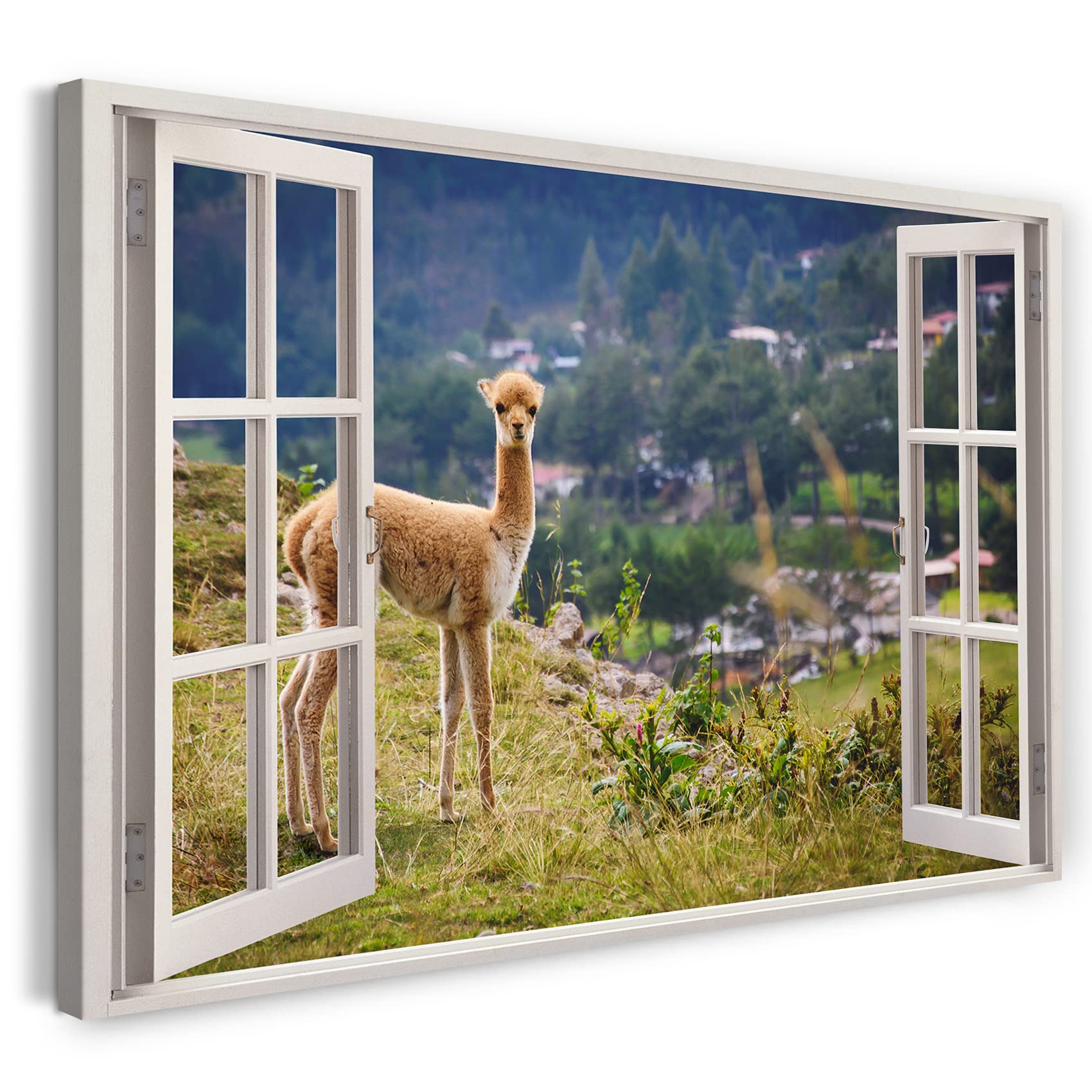 Print on Canvas (120x80 cm) Window View - Llama Mountains Nature Sweet Fur - Nature photography, real wood frame with hook