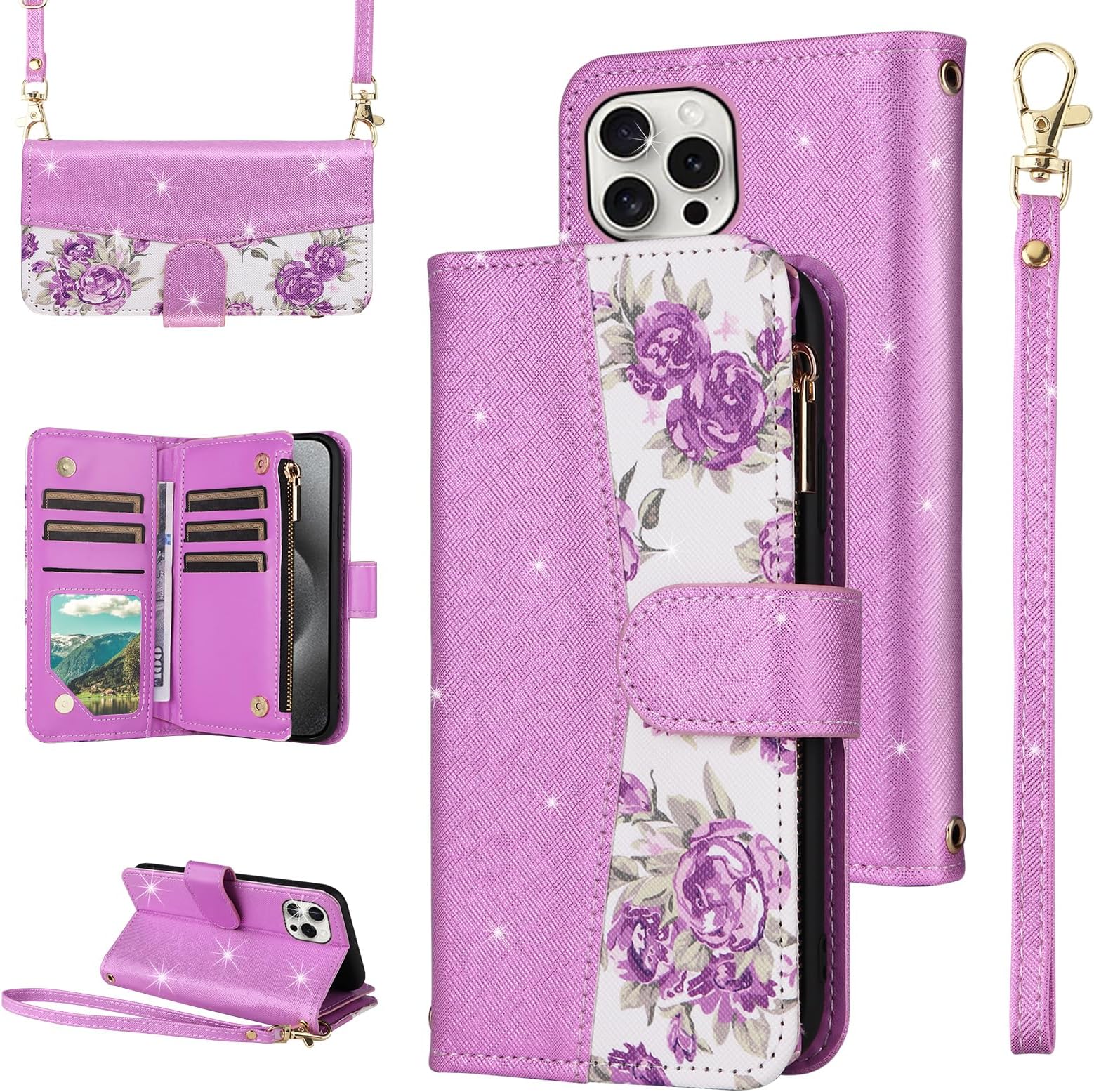 for iPhone 15 Pro Max 6.7 inch Floral Wallet Case Flip Zipper Purse Wrist Strap Shoulder Strap, Luxury Glitter Card Holder Stand Phone Cover for i Phone15 15Pro i15 ProMax 15ProMax Purple